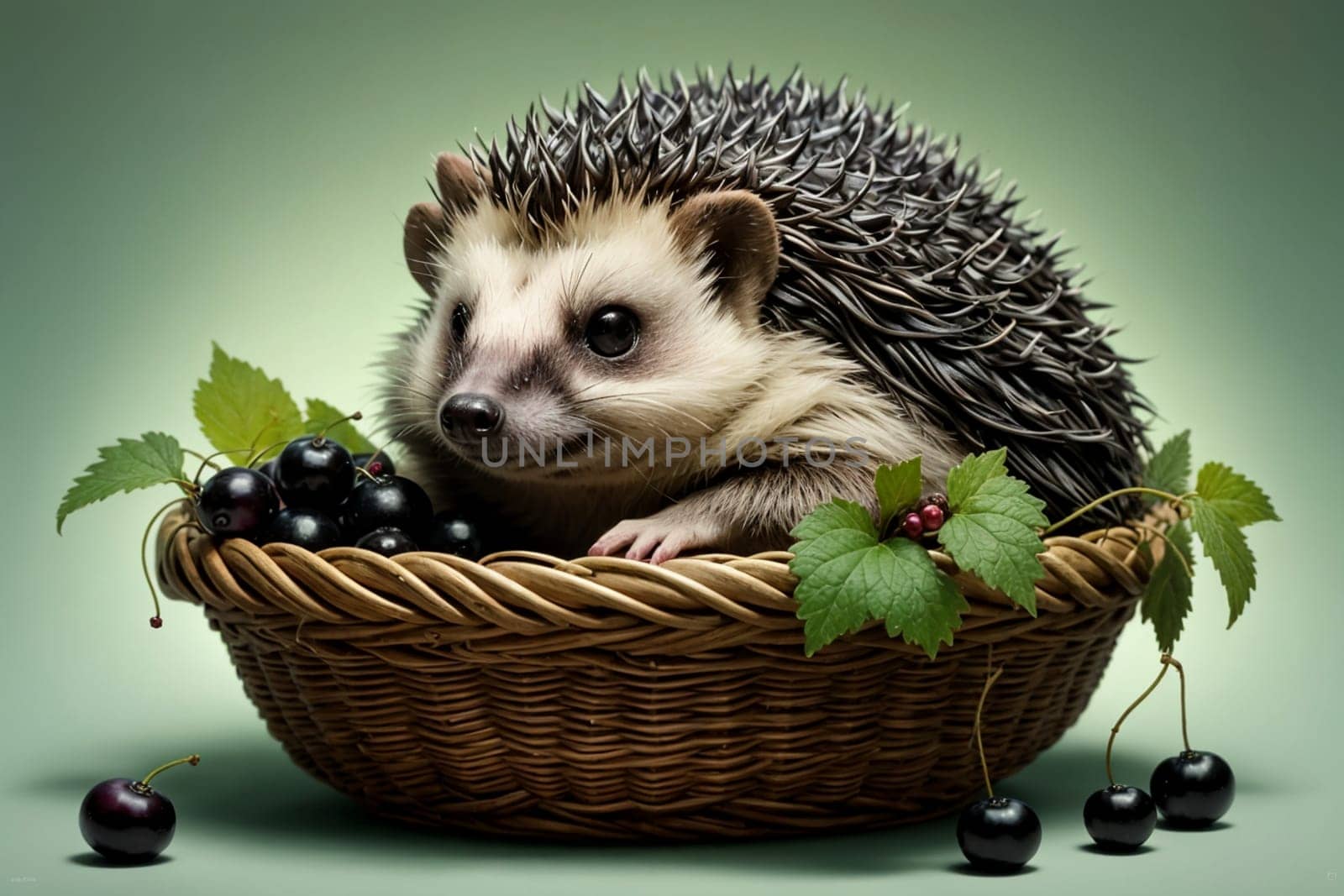 cute hedgehog in a basket with black currant .