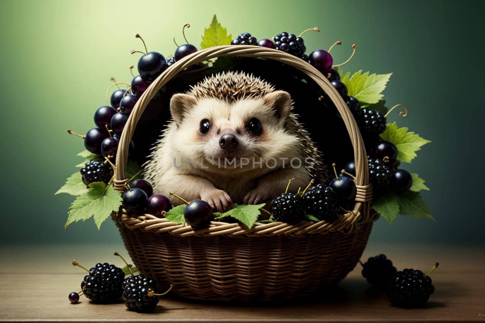 cute hedgehog in a basket with black currant .