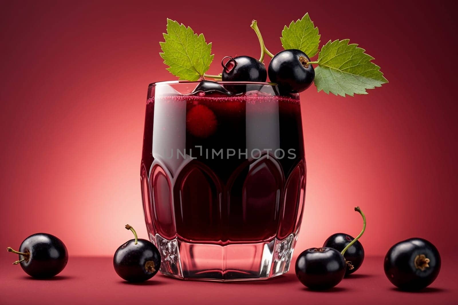 black currant compote in a glass isolated on a red background .