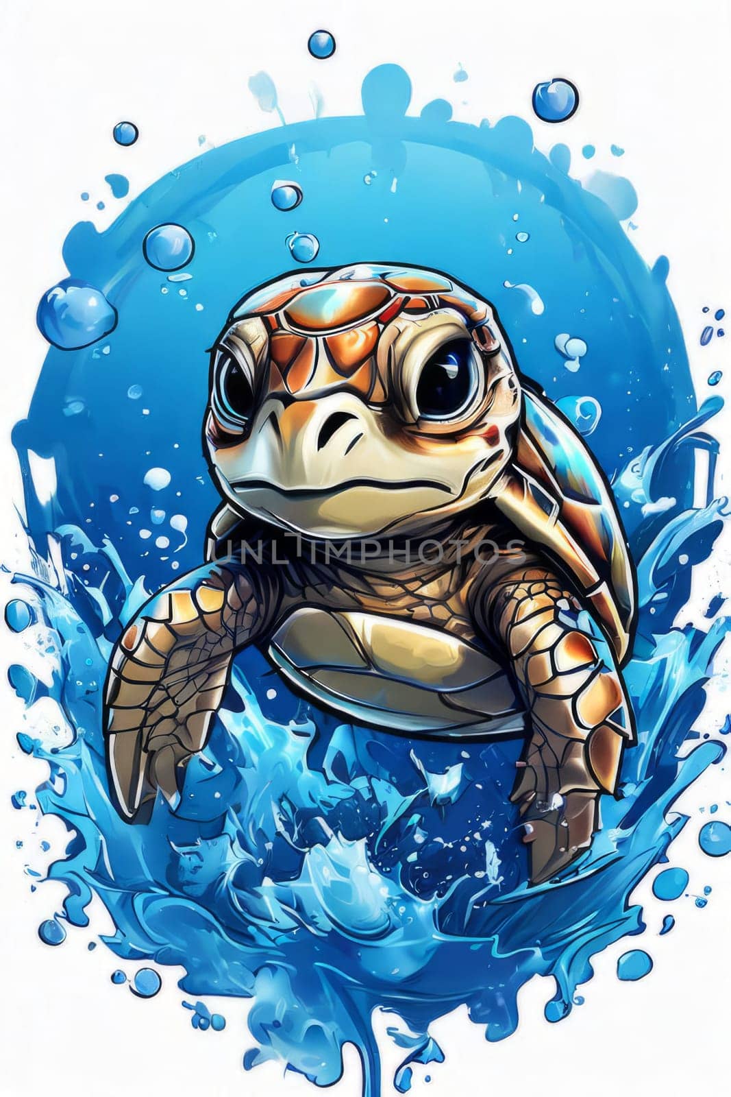 Majestic turtle is seen gliding effortlessly through water, its movements slow, graceful. For Tshirt design, posters, postcards, other merchandise with marine theme, childrens books. by Angelsmoon