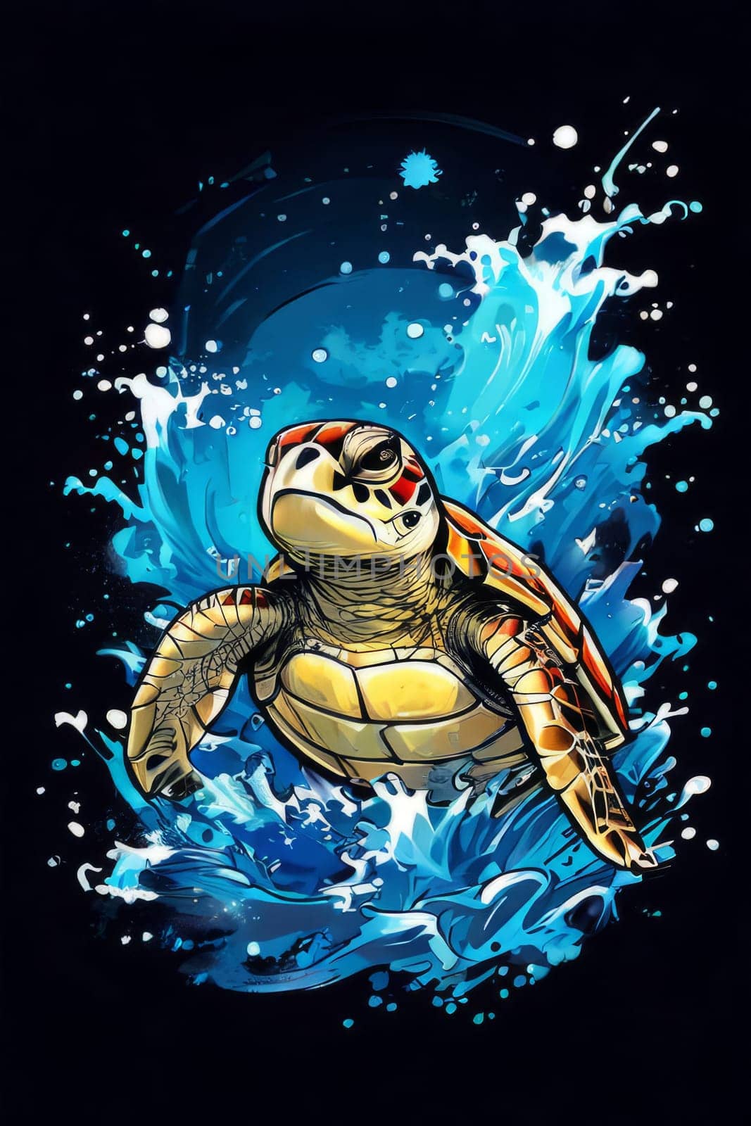 Exquisite image showcasing serene turtle gliding through crystal-clear blue waters of ocean. For fashion, clothing design, animal themed clothing advertising, Tshirt design