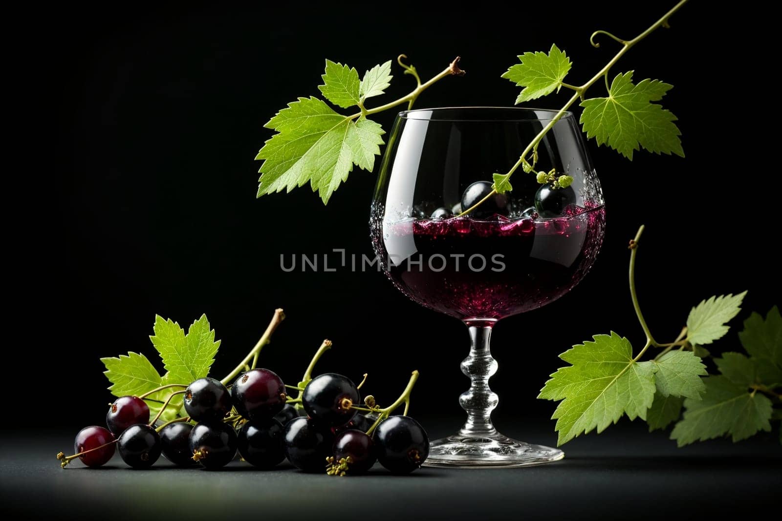 black currant liqueur, wine in a glass isolated on a green background .