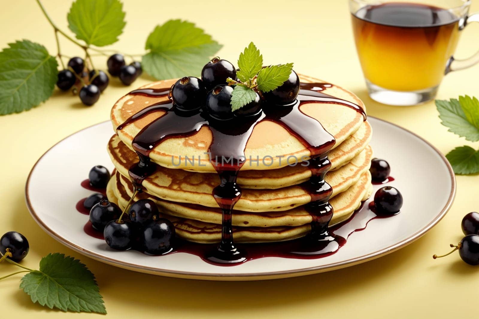 fried pancakes with black currant jam in a plate isolated on a yellow background .