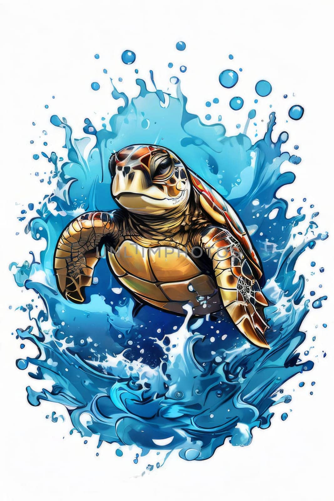 Turtle riding wave on white background. For Tshirt design, posters, postcards, other merchandise with marine theme, childrens books, educational materials for kids, tourism, stationery. by Angelsmoon