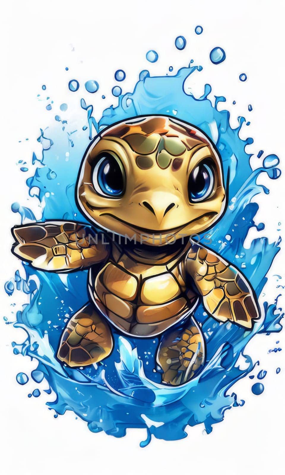 Serene turtle gracefully swimming through water amidst trail of bubbles. For fashion, clothing design, animal themed clothing advertising, as illustration for interesting clothing style, Tshirt design