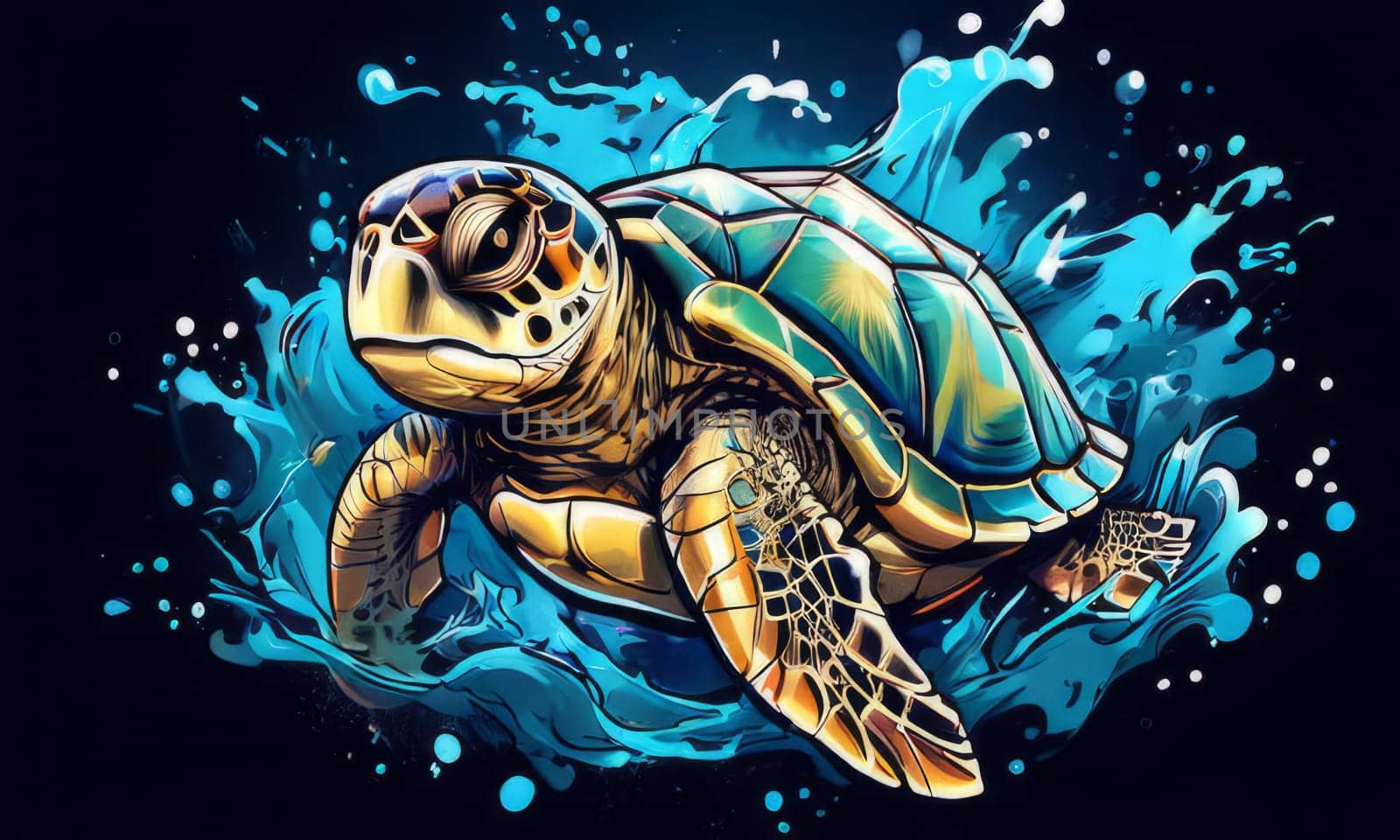 Turtle gracefully swimming in water. For educational materials for kids, game design, animated movies, tourism, stationery, Tshirt design, posters, postcards, childrens books