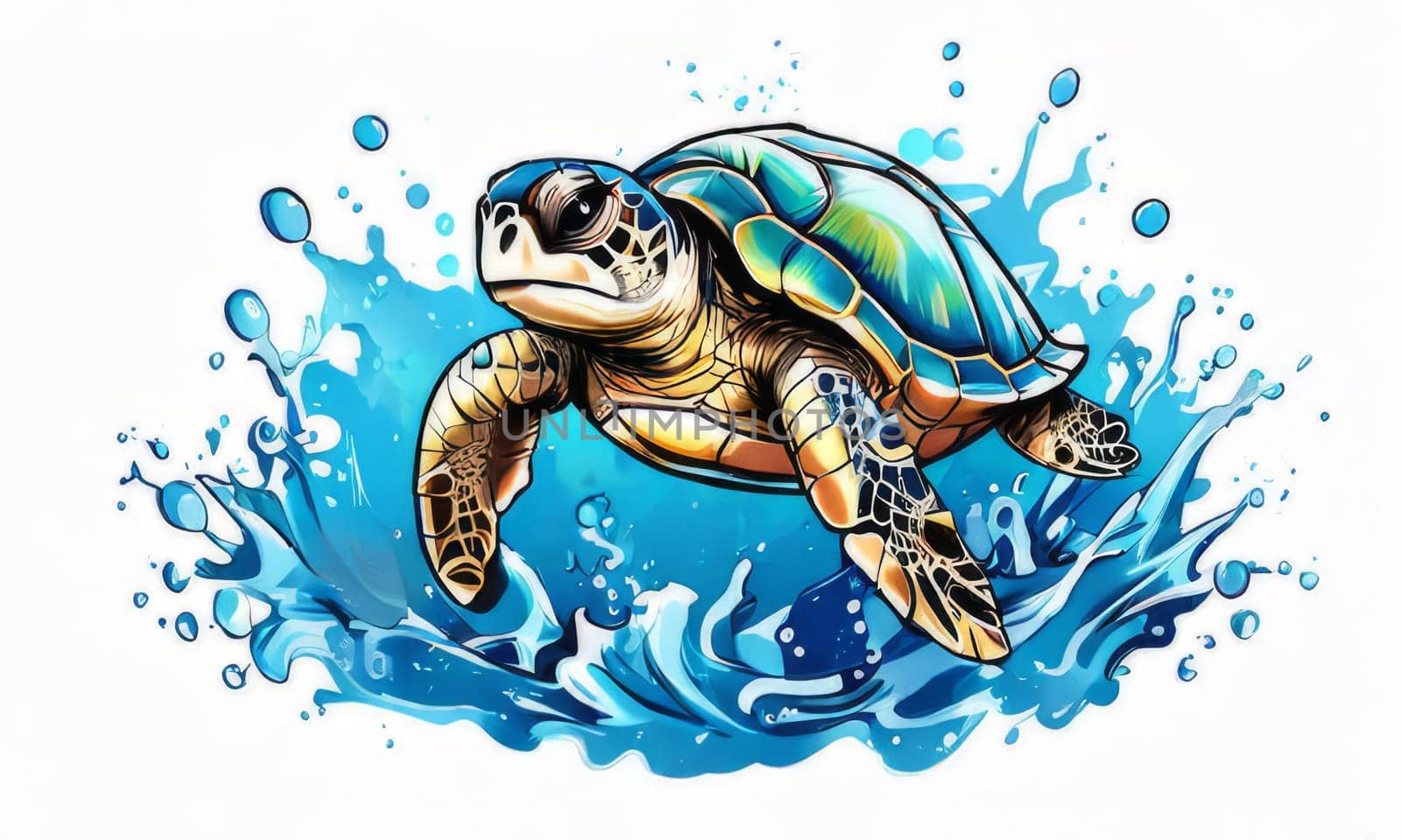 Majestic sea turtle gracefully gliding through crystal-clear waters of ocean. For educational materials for kids, game design, animated movies, tourism, stationery, Tshirt design, clothing design