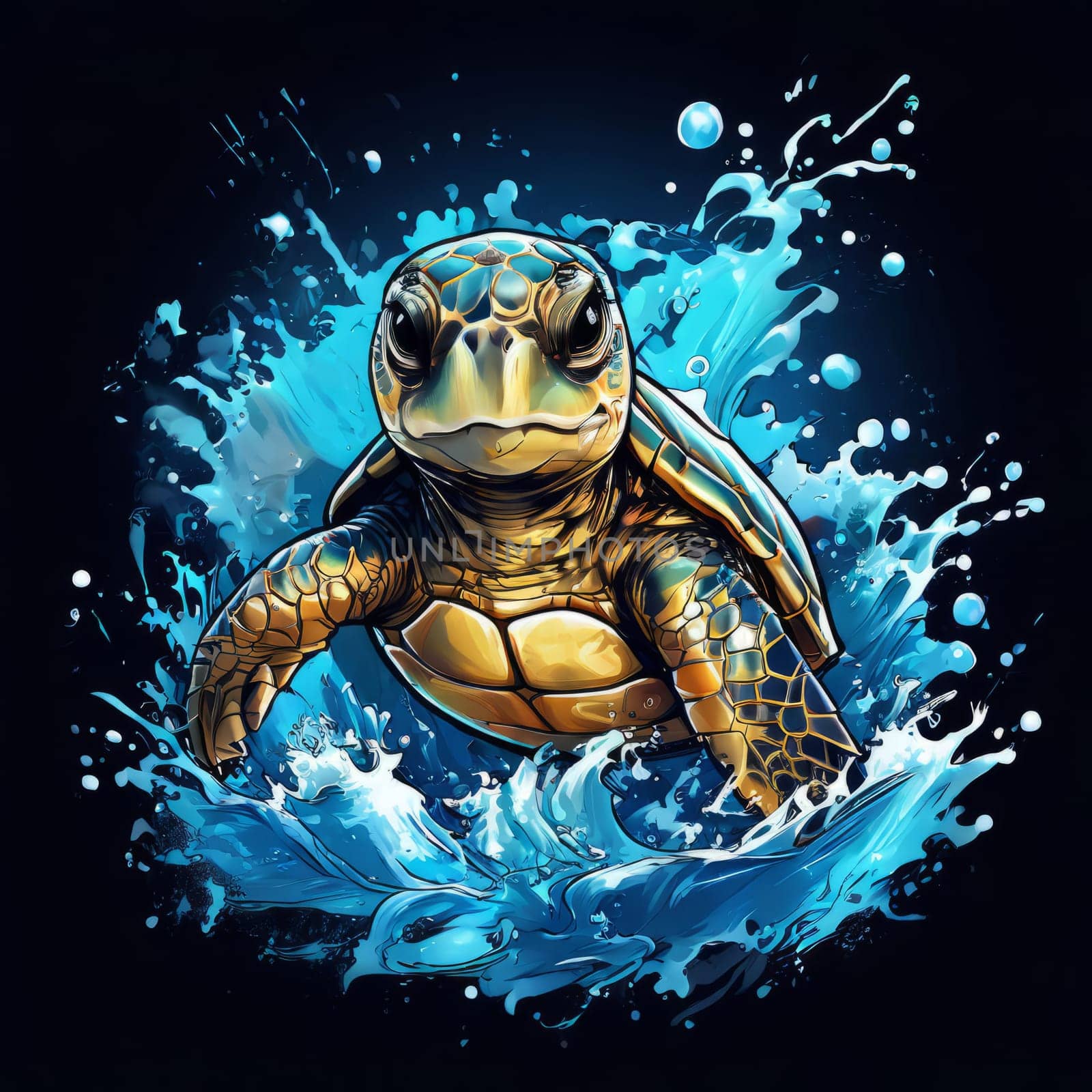 Serene turtle gracefully swimming through water amidst trail of bubbles. For fashion, clothing design, animal themed clothing advertising, as illustration for interesting clothing style, Tshirt design