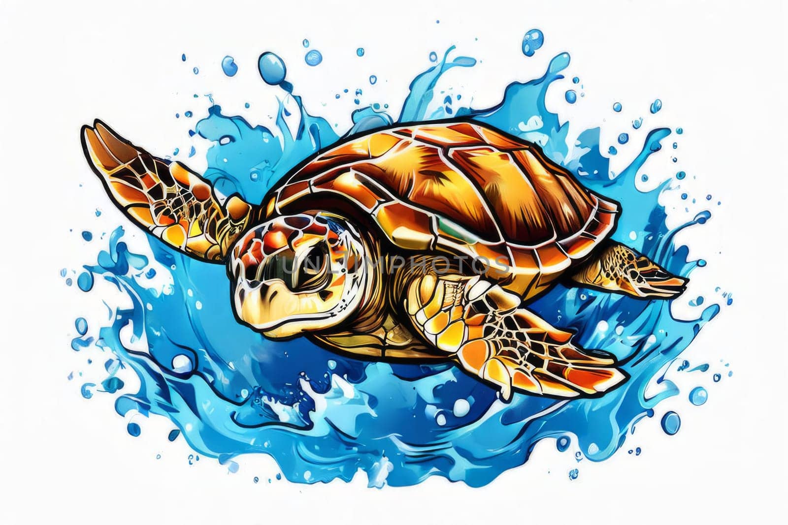Vibrant sea turtle elegantly maneuvering its way through shimmering azure ocean depths, showcasing beauty, tranquility of marine life in its natural habitat.For fashion, clothing design, Tshirt design
