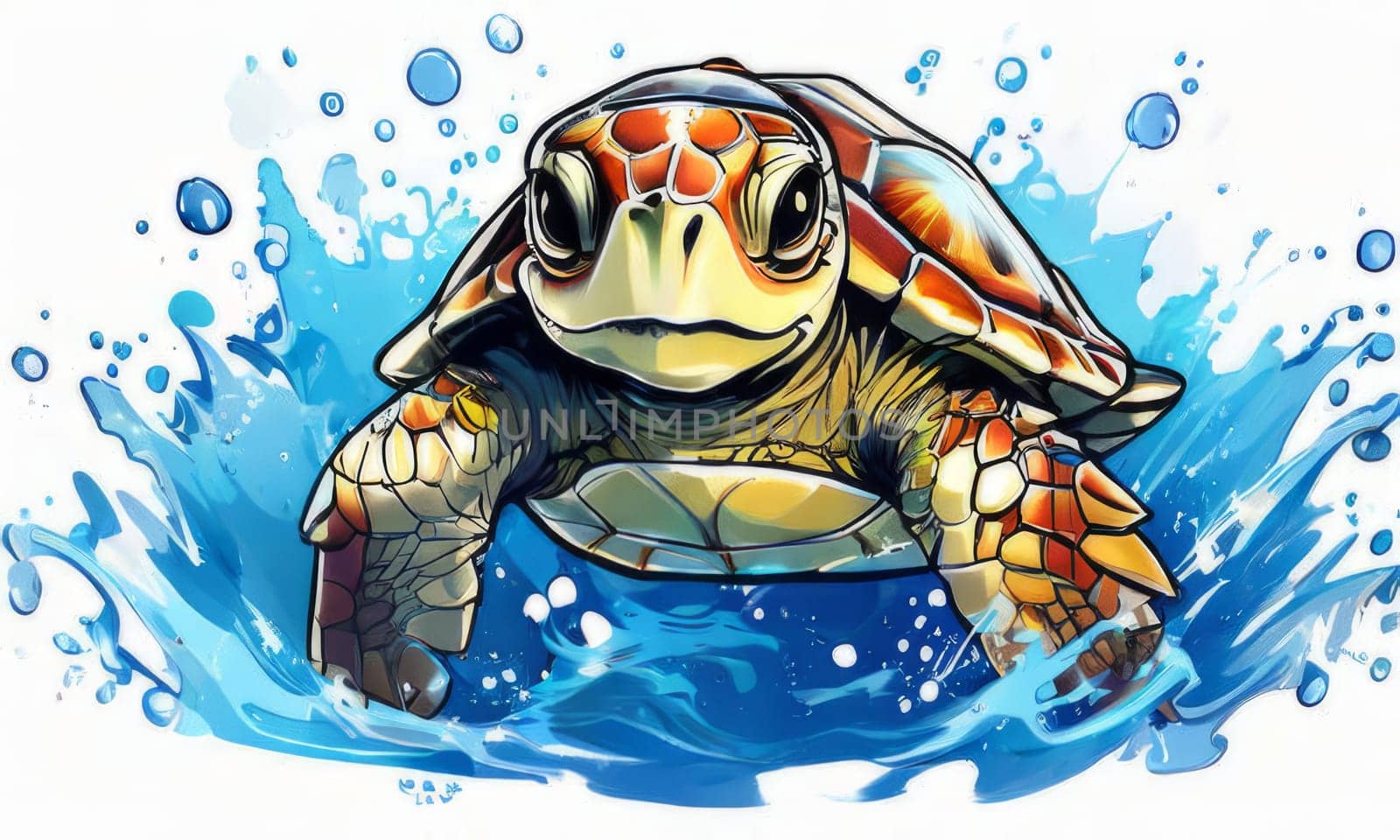 Turtle gracefully swimming in water surrounded by bubbles, showcasing its serene underwater world. For Tshirt design, posters, postcards, other merchandise with marine theme, childrens books