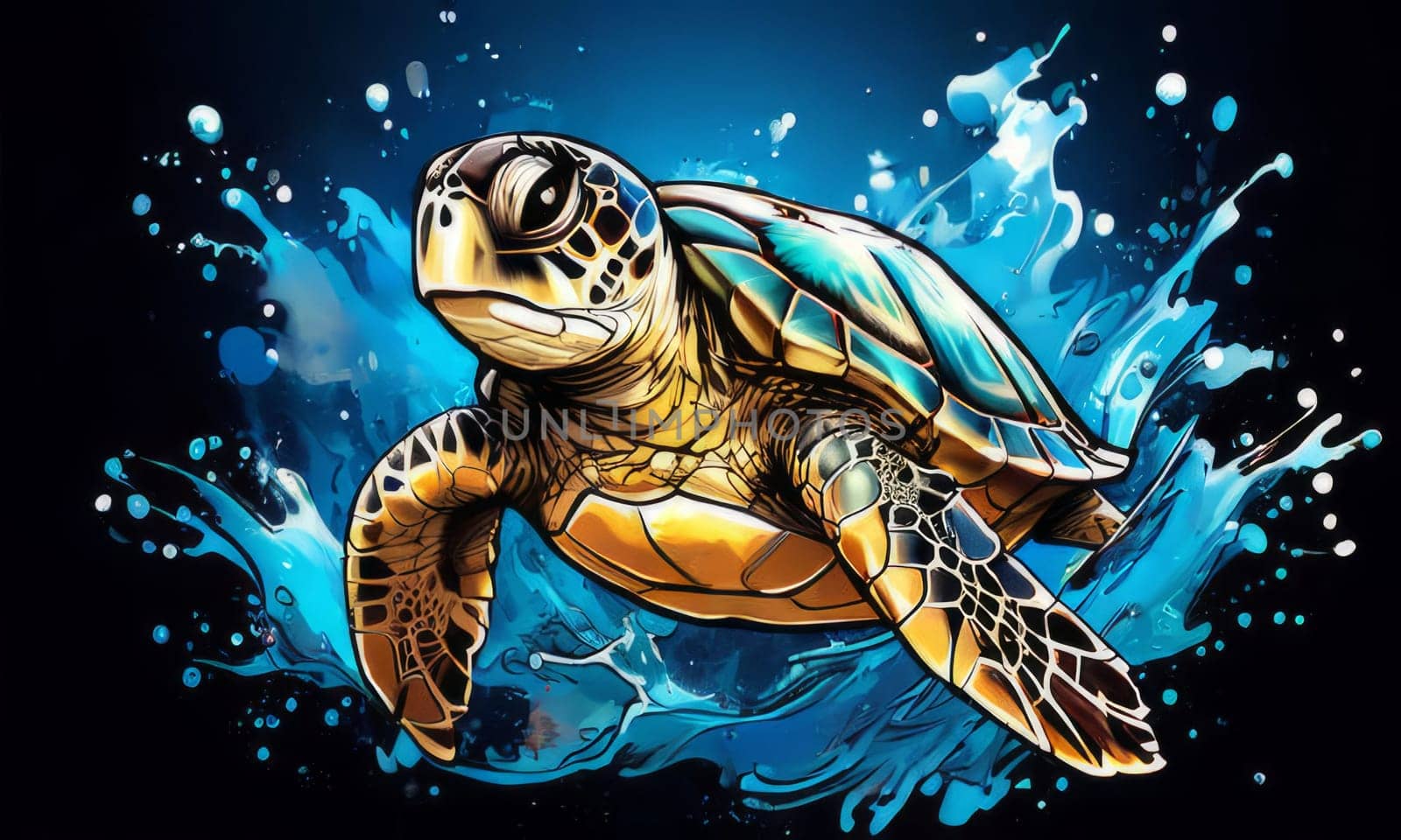 Majestic turtle glides effortlessly through clear blue waters, its shell glistening in sunlight. For educational materials for kids, game design, animated movies, tourism, stationery, Tshirt design