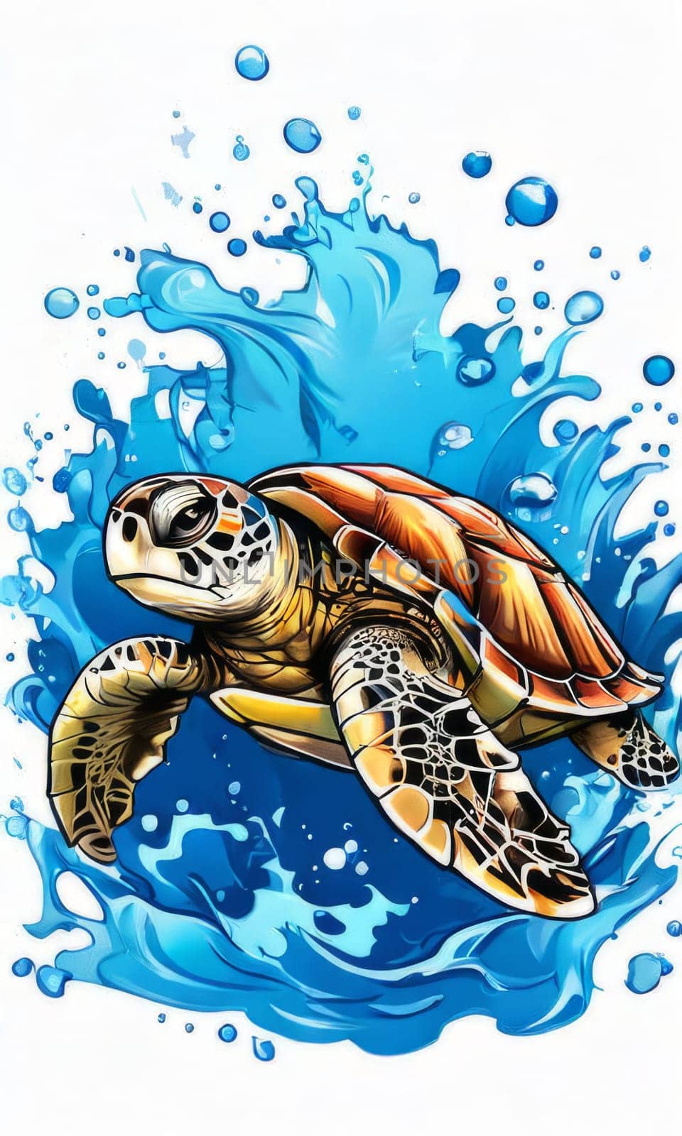 Serene turtle gracefully swimming through water amidst trail of bubbles. For fashion, clothing design, animal themed clothing advertising, as illustration for interesting clothing style, Tshirt design