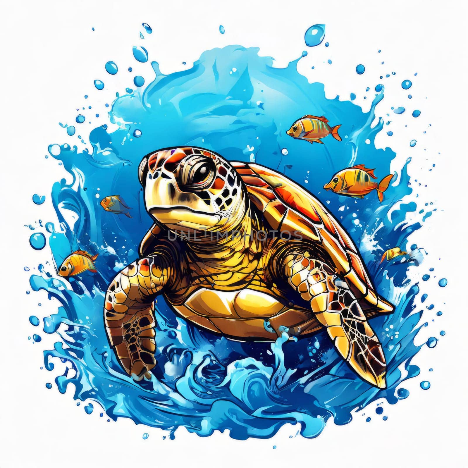 Turtle glides through its aquatic environment, showcasing beauty, tranquility of underwater world. For Tshirt design, posters, postcards, other merchandise with marine theme, childrens books, tourism. by Angelsmoon