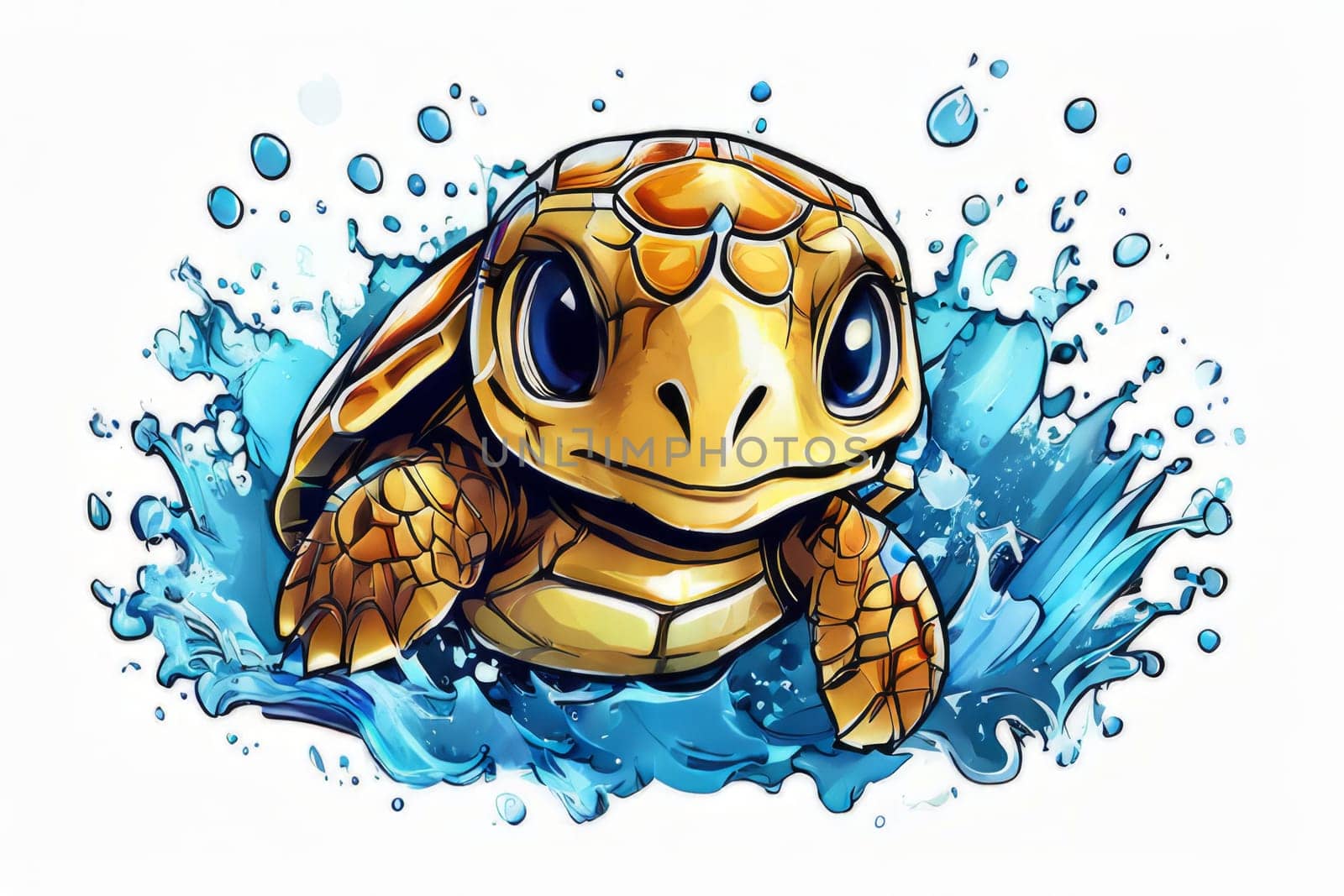 Majestic turtle is seen gliding effortlessly through water, its movements slow, graceful. For Tshirt design, posters, postcards, other merchandise with marine theme, childrens books. by Angelsmoon