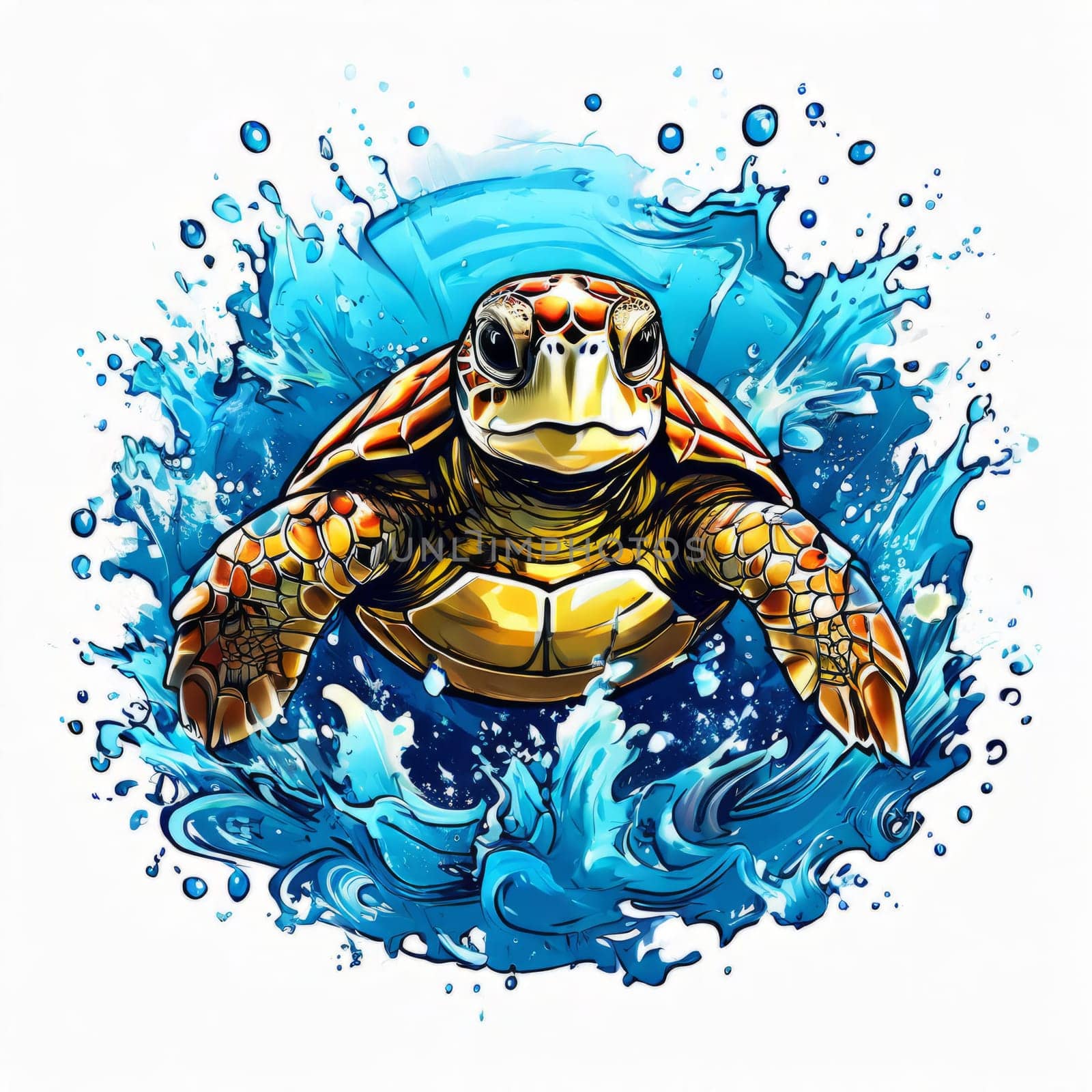 Turtle gracefully swimming in water surrounded by bubbles, showcasing its serene underwater world. For Tshirt design, posters, postcards, other merchandise with marine theme, childrens books. by Angelsmoon
