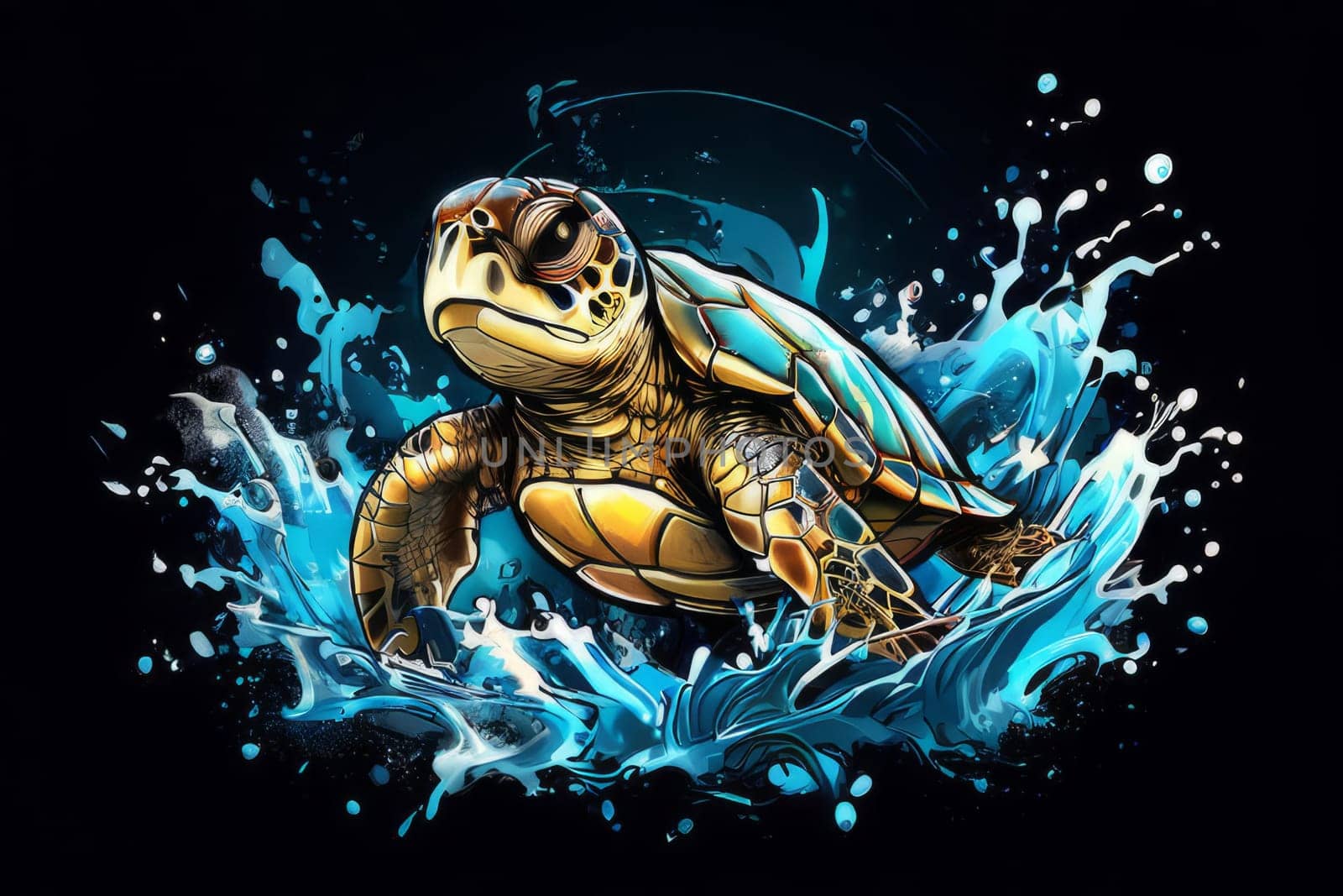 Majestic turtle glides effortlessly through clear blue waters, its shell glistening in sunlight. For educational materials for kids, game design, animated movies, tourism, stationery, Tshirt design