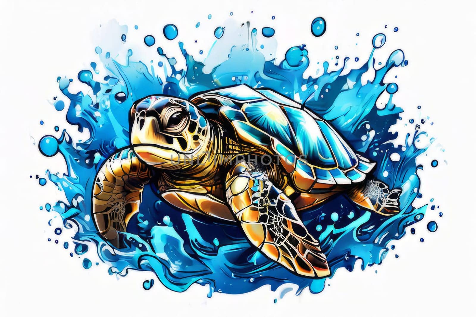 Serene turtle gracefully swimming through water amidst trail of bubbles. For fashion, clothing design, animal themed clothing advertising, as illustration for interesting clothing style,Tshirt design. by Angelsmoon