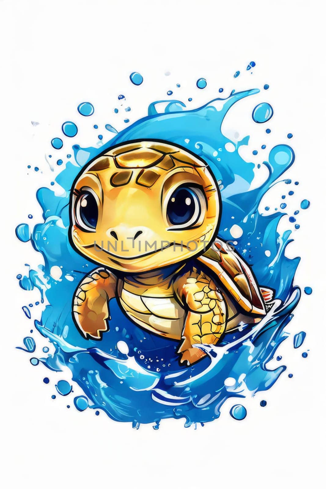 Turtle riding wave on white background. For Tshirt design, posters, postcards, other merchandise with marine theme, childrens books, educational materials for kids, tourism, stationery