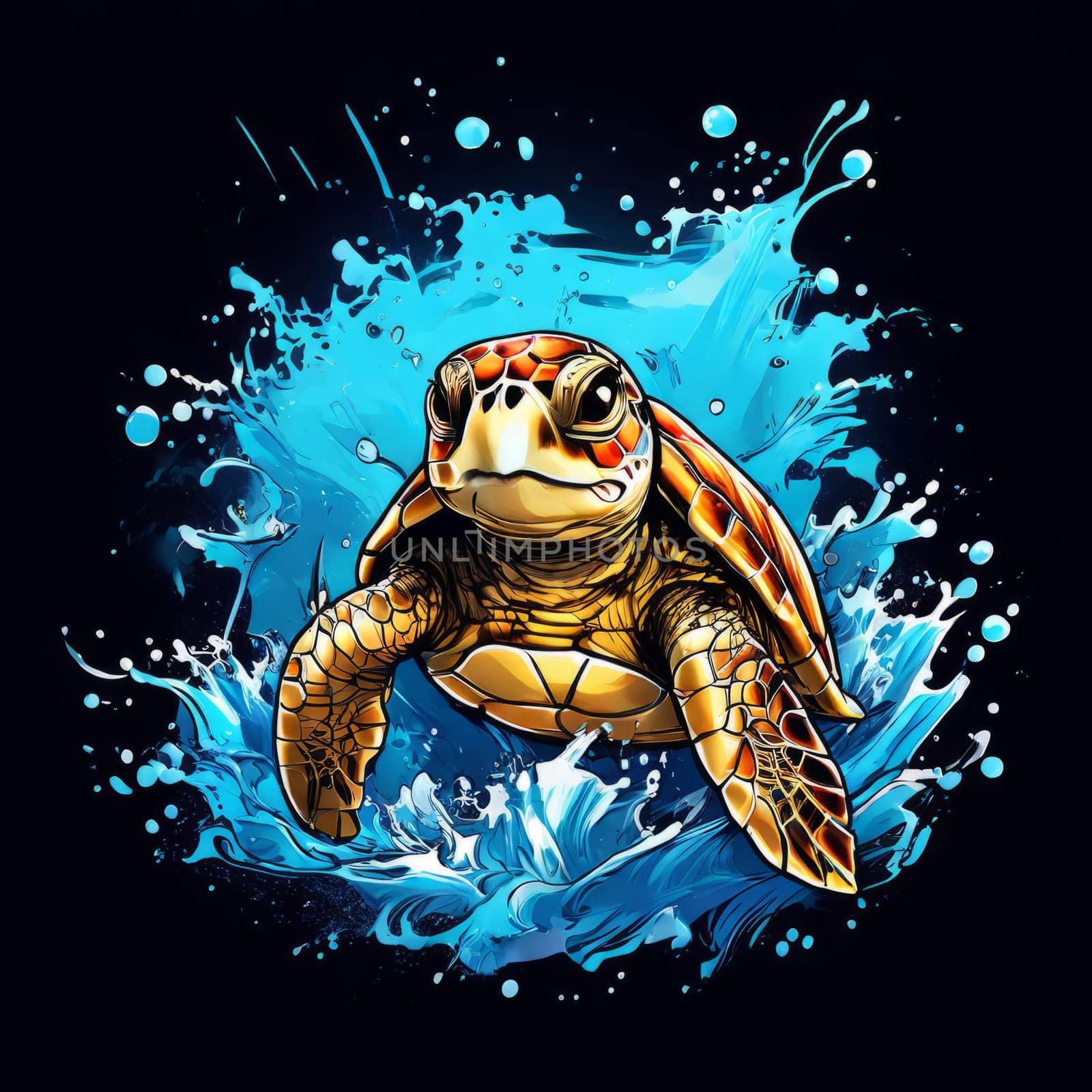 Turtle moves gracefully through water, its movements fluid, effortless. For fashion, clothing design, animal themed clothing advertising, as illustration for interesting clothing style, Tshirt design