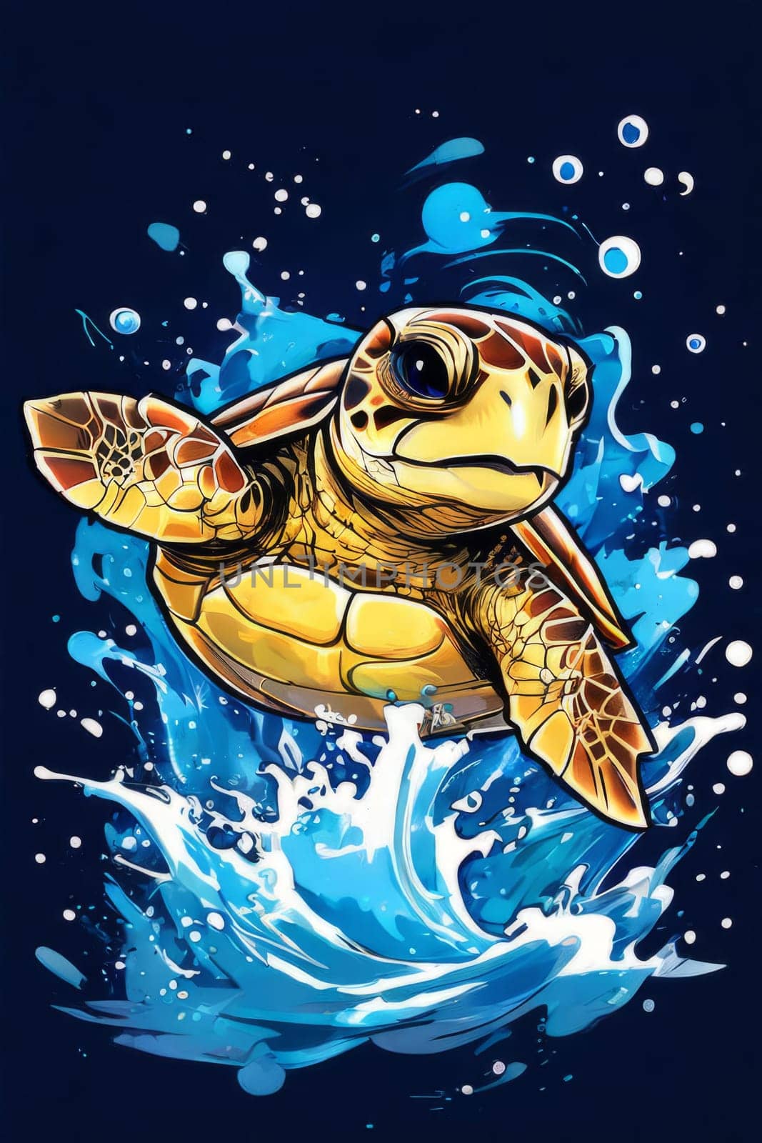 Majestic turtle is seen gliding effortlessly through water, its movements slow, graceful. For Tshirt design, posters, postcards, other merchandise with marine theme, childrens books