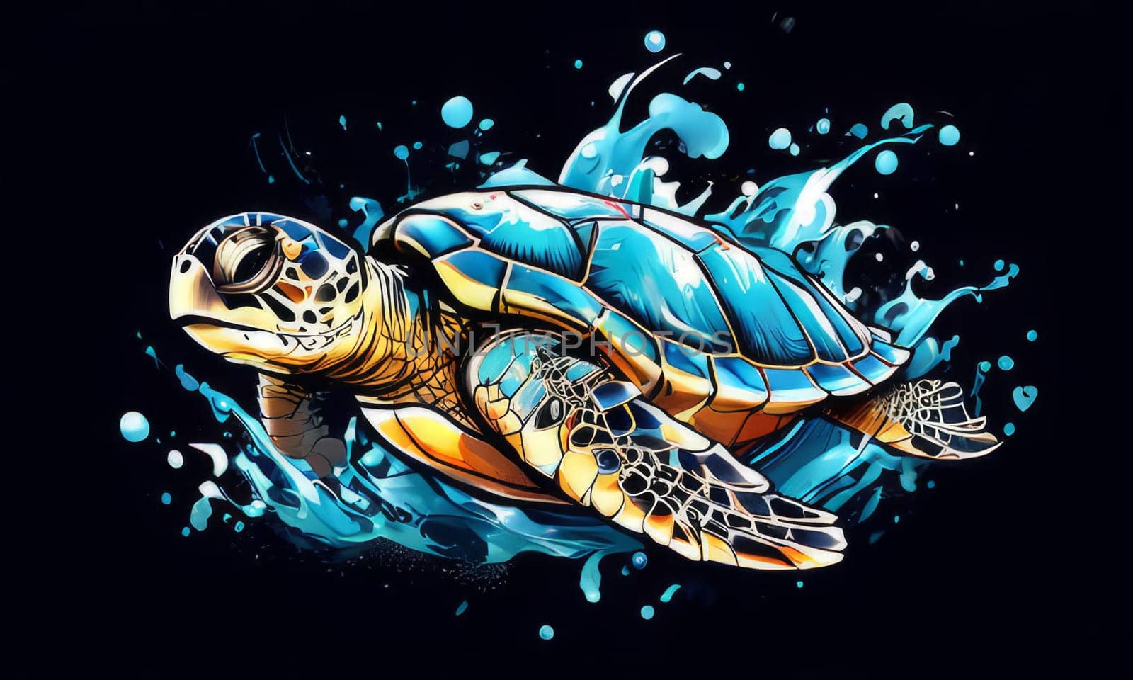 Turtle glides through its aquatic environment, showcasing beauty, tranquility of underwater world. For Tshirt design, posters, postcards, other merchandise with marine theme, childrens books, tourism. by Angelsmoon