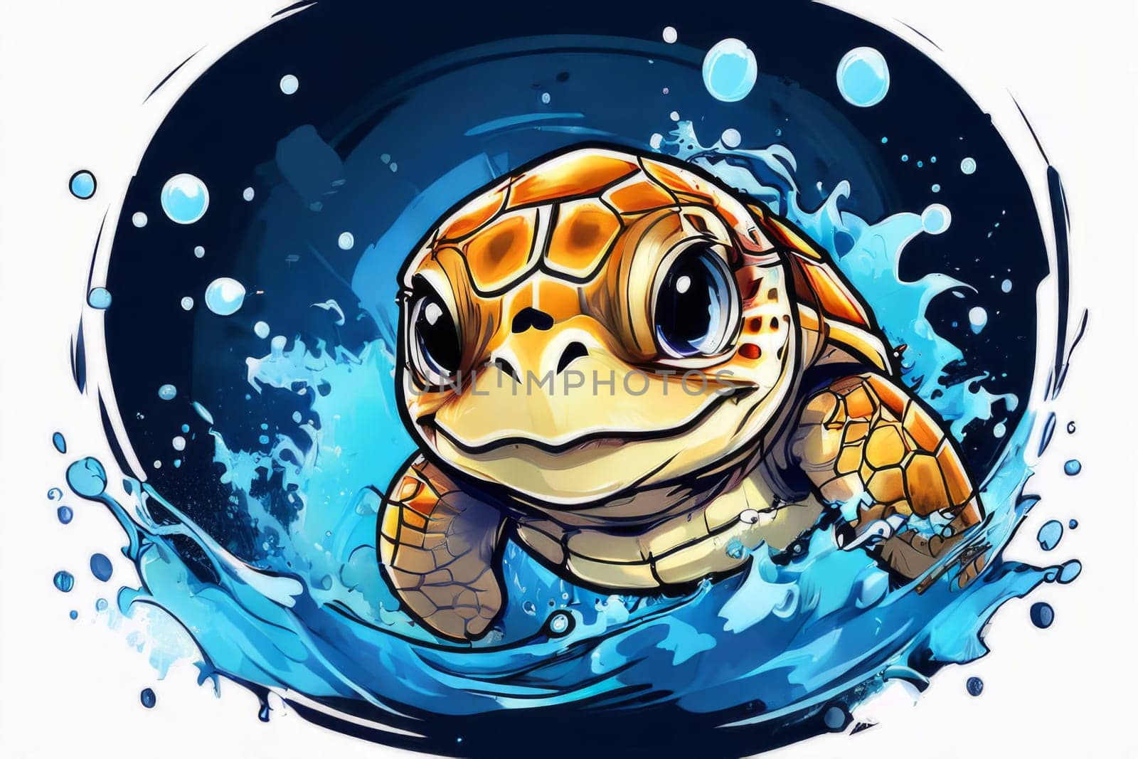 Turtle riding wave on white background. For Tshirt design, posters, postcards, other merchandise with marine theme, childrens books, educational materials for kids, tourism, stationery