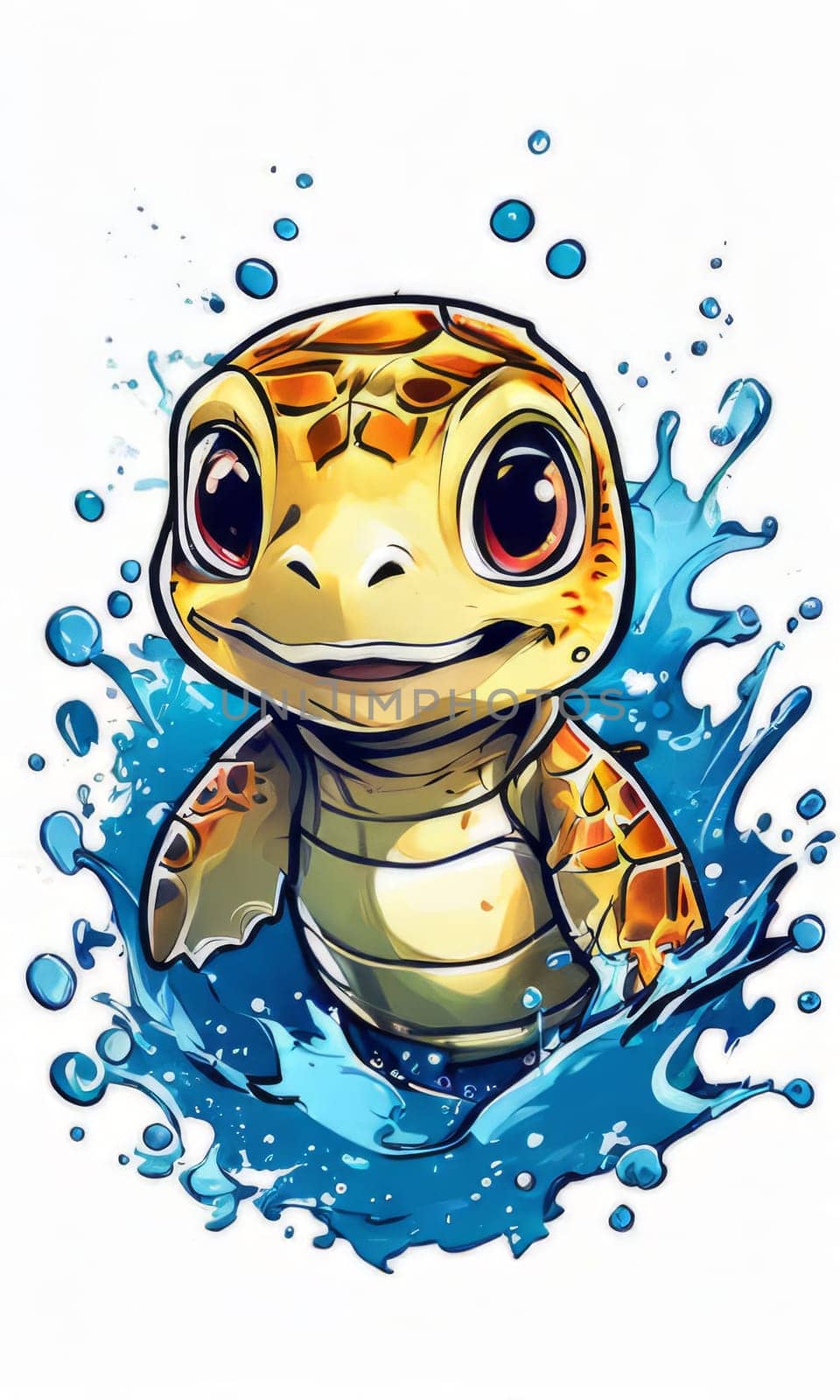 Turtle gracefully swimming in water surrounded by bubbles, showcasing its serene underwater world. For Tshirt design, posters, postcards, other merchandise with marine theme, childrens books. by Angelsmoon
