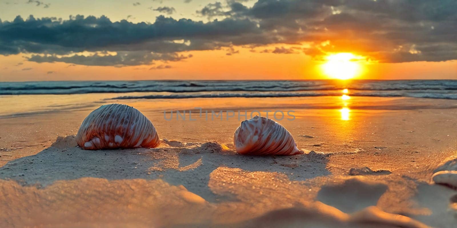 A seashell nestled on a sandy beach with waves gently kissing the shore under a captivating sunset sky.