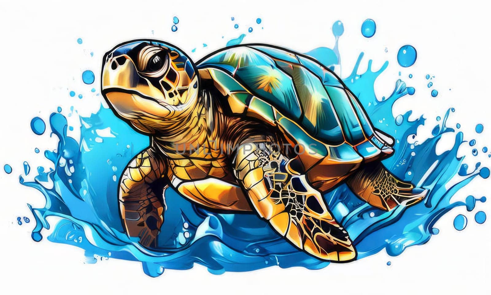 Majestic turtle is seen gliding effortlessly through water, its movements slow, graceful. For Tshirt design, posters, postcards, other merchandise with marine theme, childrens books. by Angelsmoon