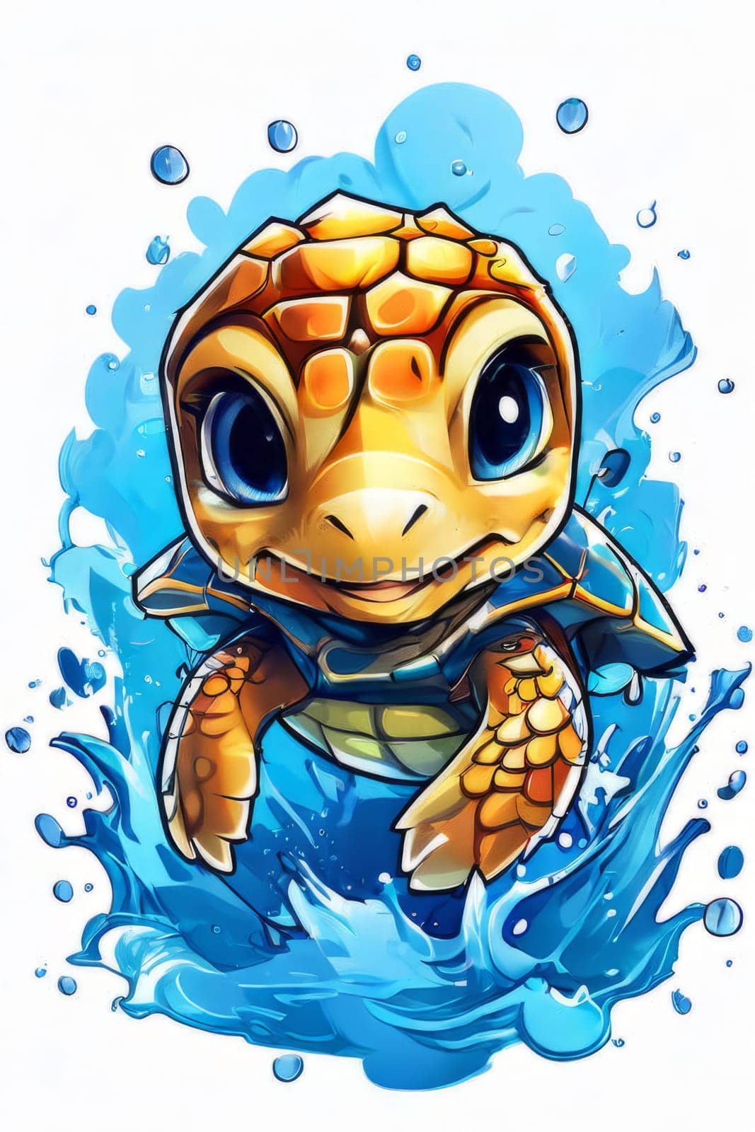 Turtle gracefully swimming in water. For educational materials for kids, game design, animated movies, tourism, stationery, Tshirt design, posters, postcards, childrens books