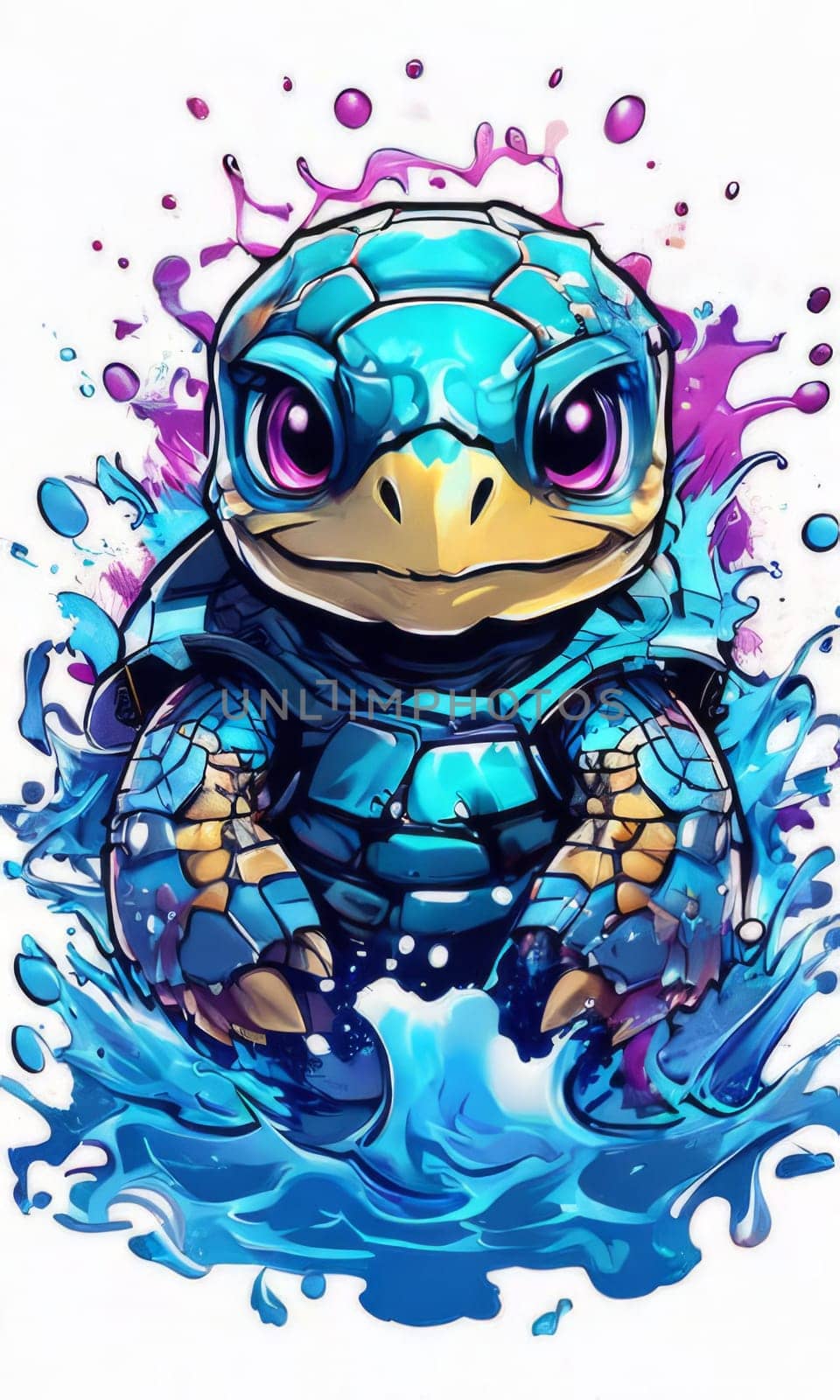 Turtle glides through its aquatic environment, showcasing beauty, tranquility of underwater world. For Tshirt design, posters, postcards, other merchandise with marine theme, childrens books, tourism