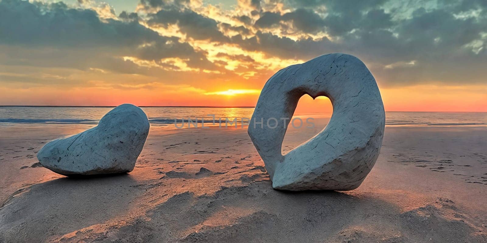 At the beach, a heart-shaped stone lies on the golden sand. by GoodOlga