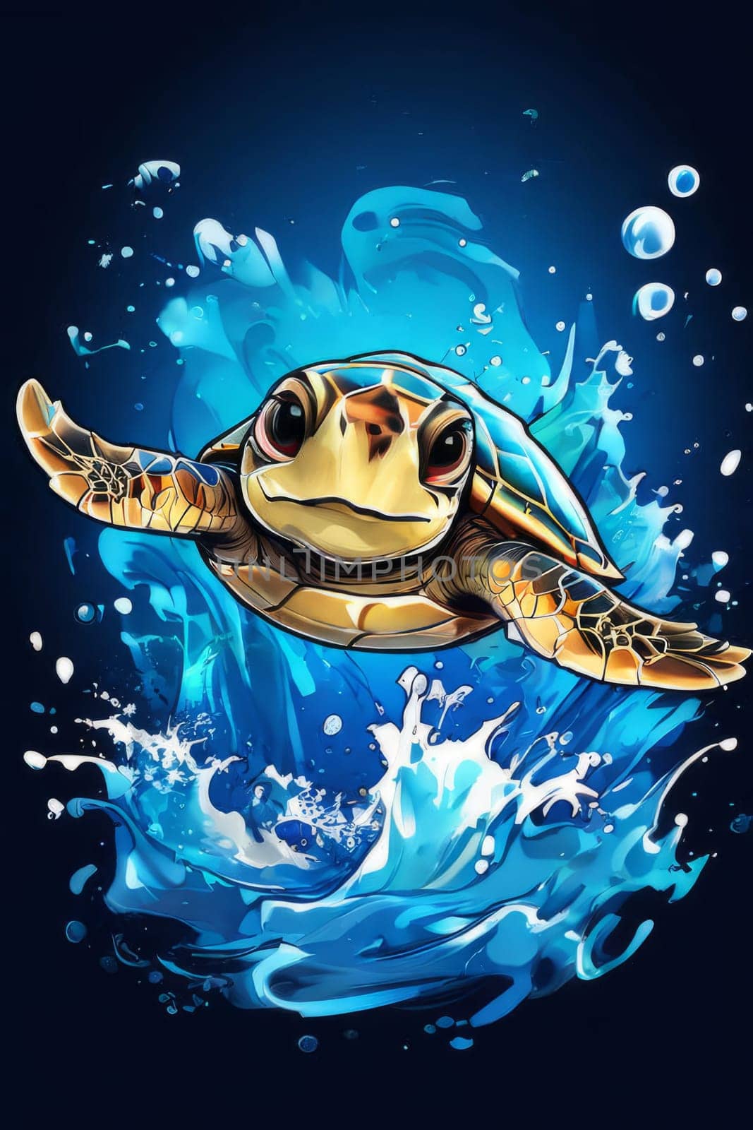 Vibrant sea turtle elegantly maneuvering its way through shimmering azure ocean depths, showcasing beauty, tranquility of marine life in its natural habitat.For fashion, clothing design, Tshirt design