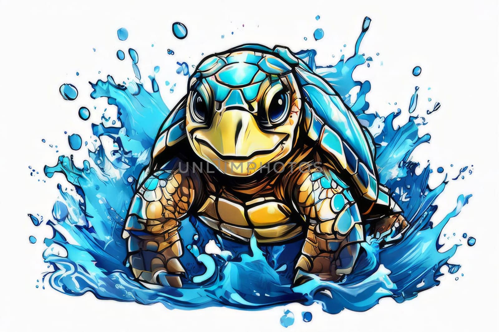 Turtle gracefully swimming in water surrounded by bubbles, showcasing its serene underwater world. For Tshirt design, posters, postcards, other merchandise with marine theme, childrens books