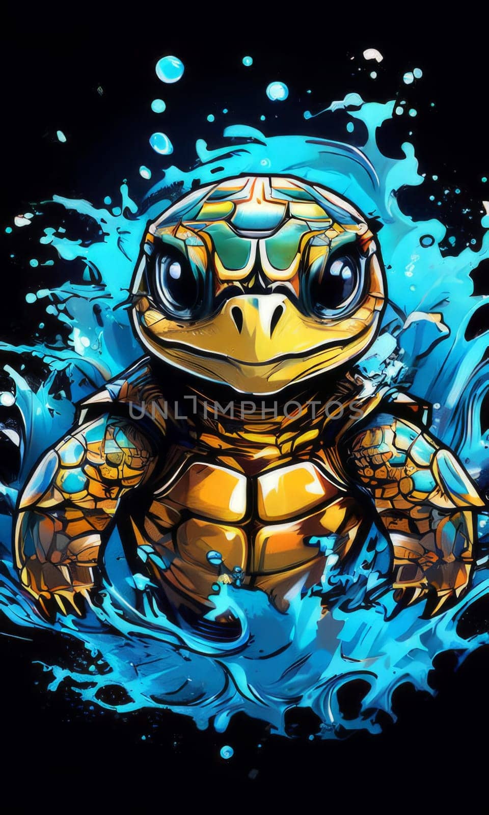 Turtle glides through its aquatic environment, showcasing beauty, tranquility of underwater world. For Tshirt design, posters, postcards, other merchandise with marine theme, childrens books, tourism