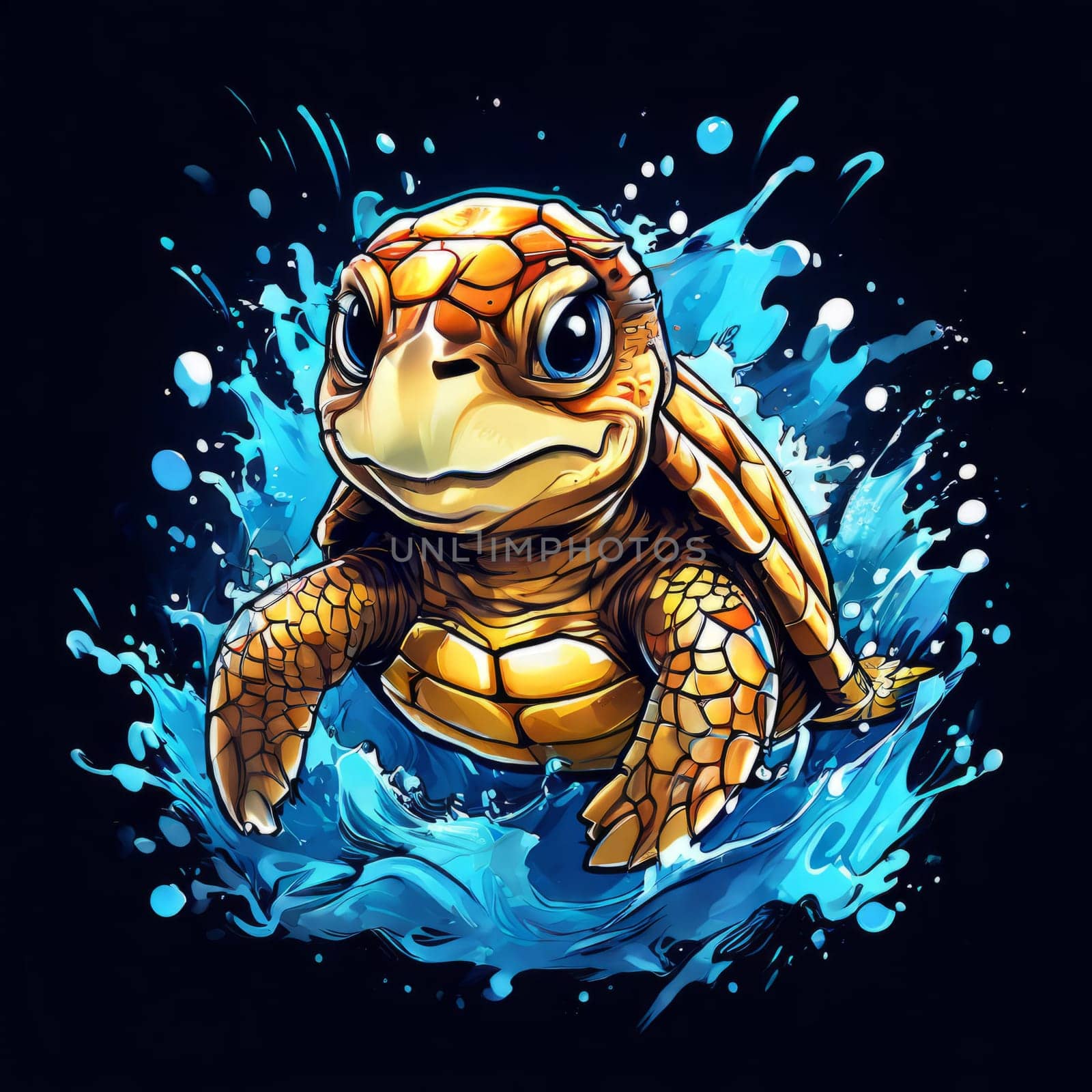 Majestic turtle glides effortlessly through clear blue waters, its shell glistening in sunlight. For educational materials for kids, game design, animated movies, tourism, stationery, Tshirt design