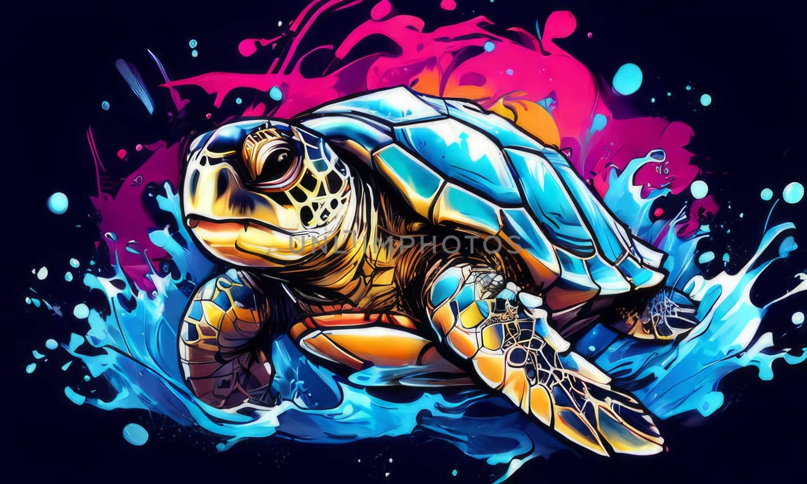Serene turtle gracefully swimming through water amidst trail of bubbles. For fashion, clothing design, animal themed clothing advertising, as illustration for interesting clothing style,Tshirt design. by Angelsmoon