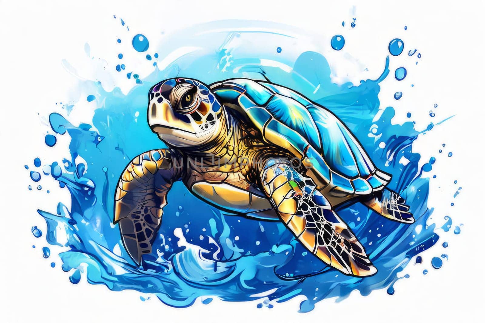 Turtle glides through its aquatic environment, showcasing beauty, tranquility of underwater world. For Tshirt design, posters, postcards, other merchandise with marine theme, childrens books, tourism. by Angelsmoon