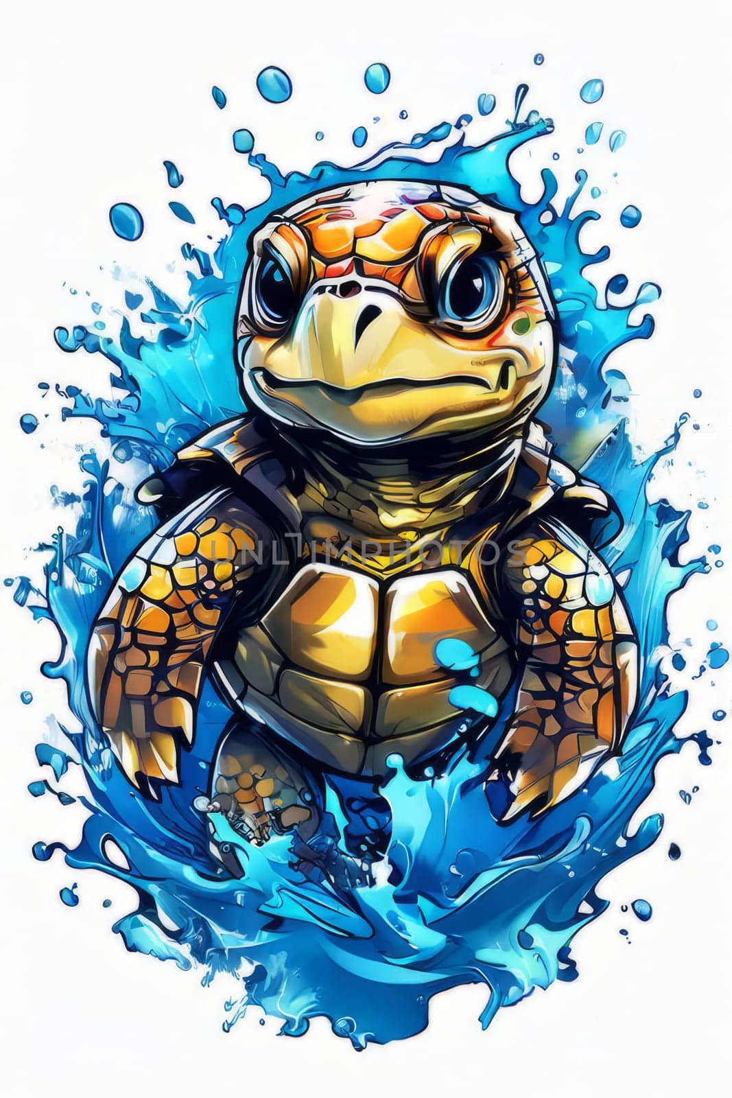 Vibrant sea turtle elegantly maneuvering its way through shimmering azure ocean depths, showcasing beauty, tranquility of marine life in its natural habitat. For fashion,clothing design, Tshirt design by Angelsmoon