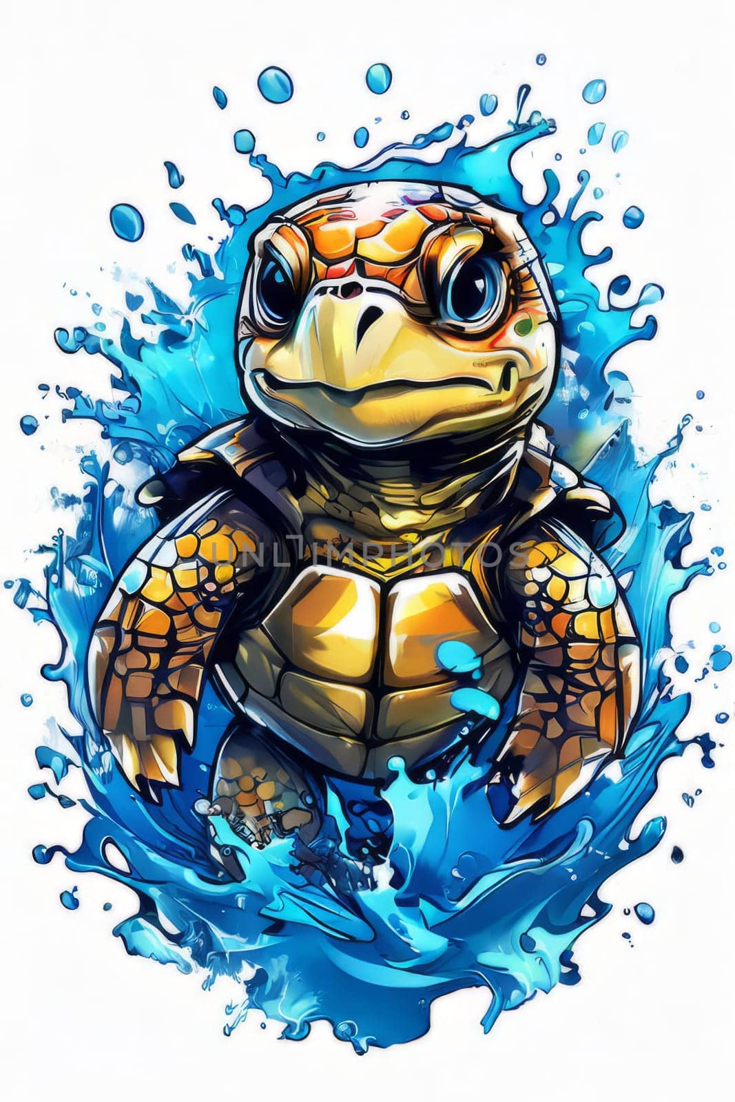 Vibrant sea turtle elegantly maneuvering its way through shimmering azure ocean depths, showcasing beauty, tranquility of marine life in its natural habitat.For fashion, clothing design, Tshirt design