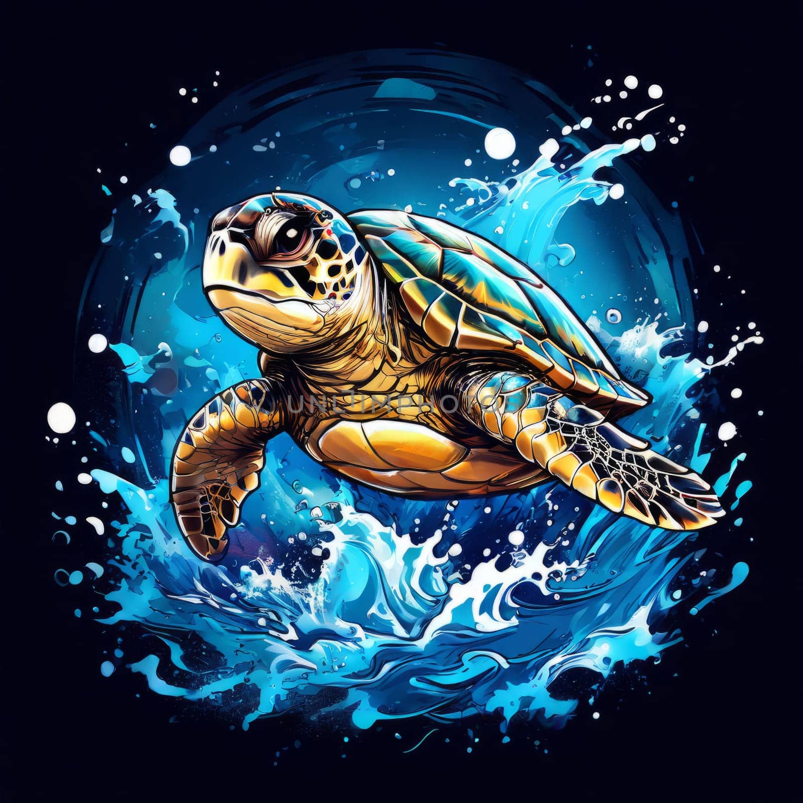 Turtle gracefully swimming in water. For educational materials for kids, game design, animated movies, tourism, stationery, Tshirt design, posters, postcards, childrens books