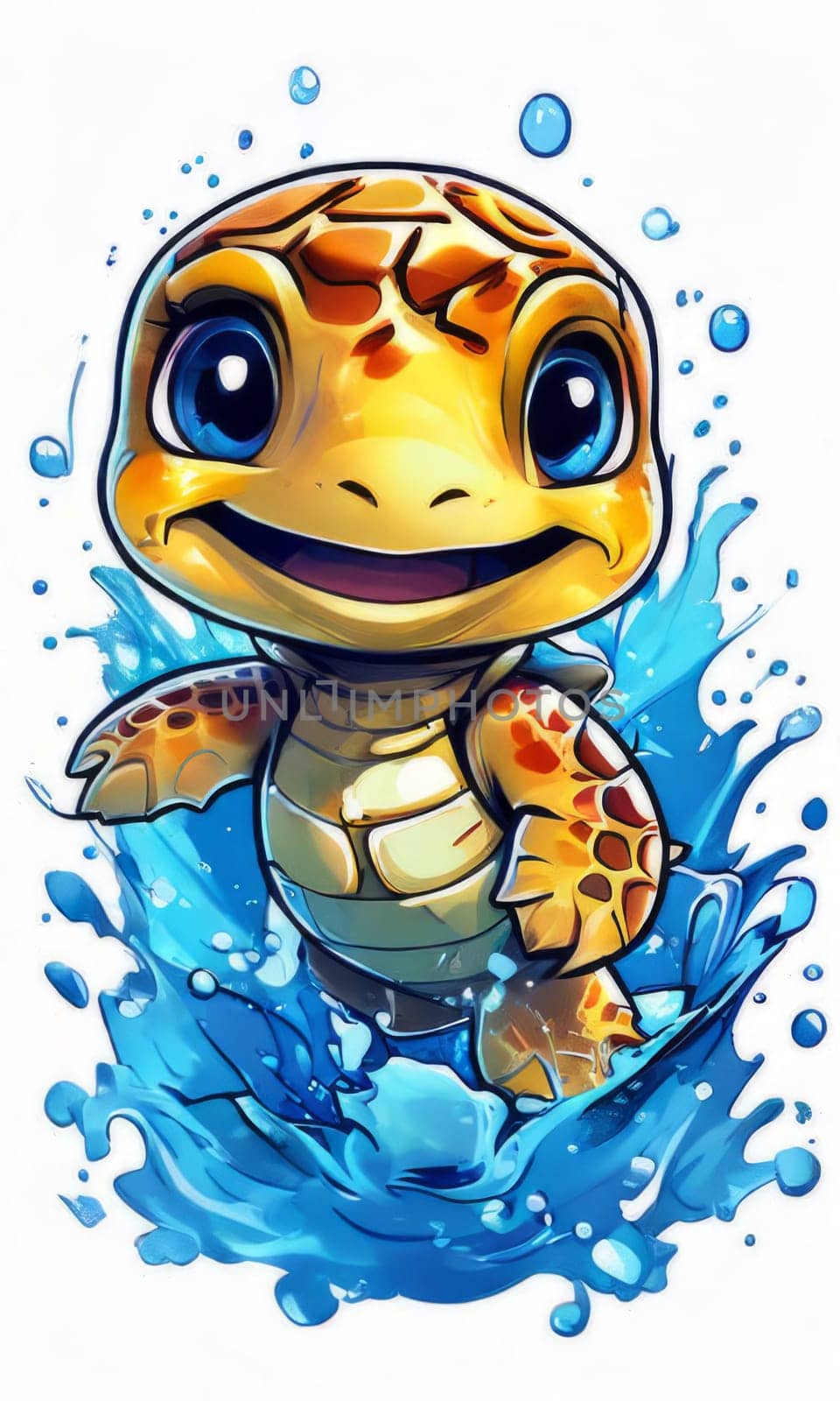 Turtle gracefully swimming in water surrounded by bubbles, showcasing its serene underwater world. For Tshirt design, posters, postcards, other merchandise with marine theme, childrens books. by Angelsmoon