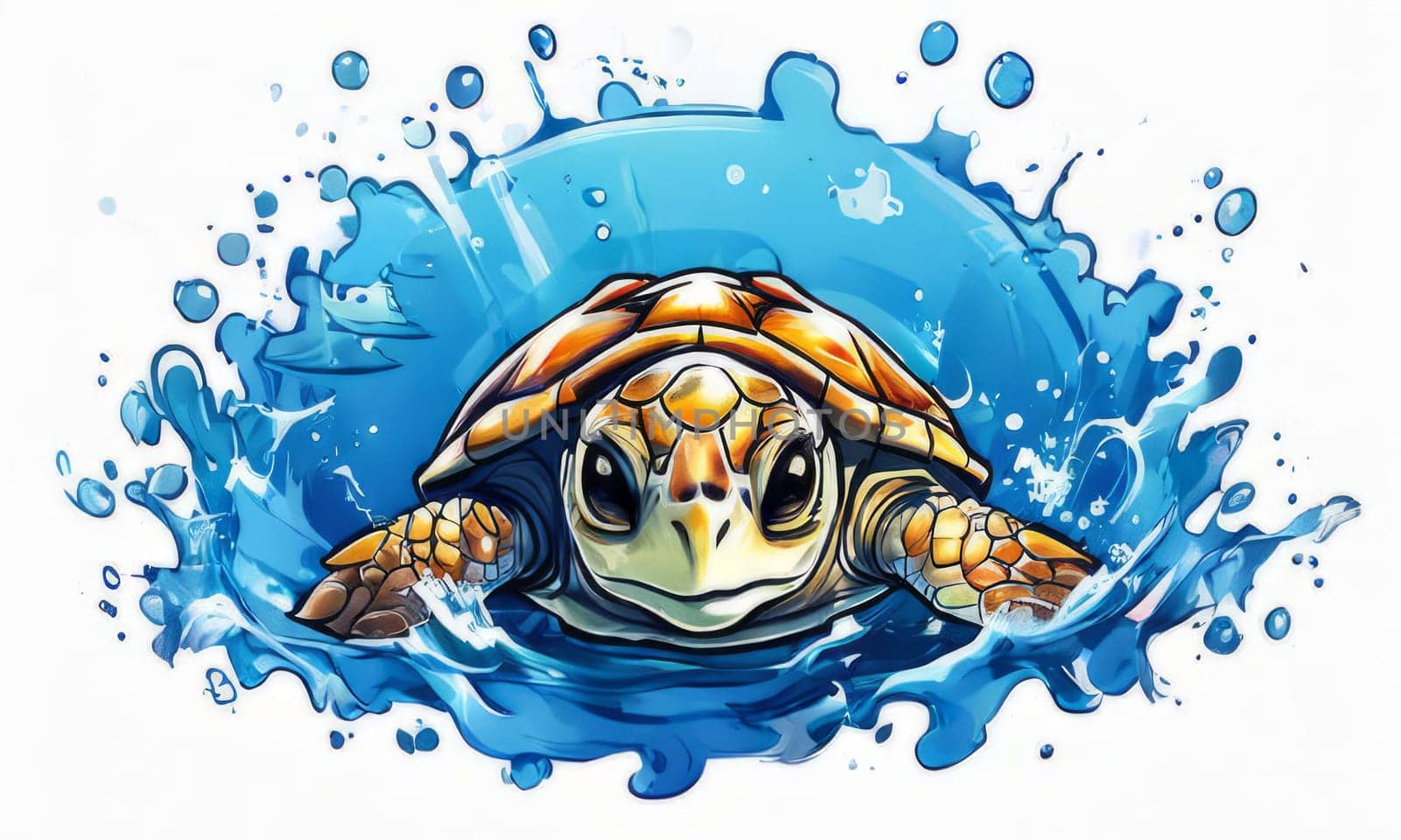 Majestic turtle glides effortlessly through clear blue waters, its shell glistening in sunlight. For educational materials for kids, game design, animated movies, tourism, stationery, Tshirt design. by Angelsmoon