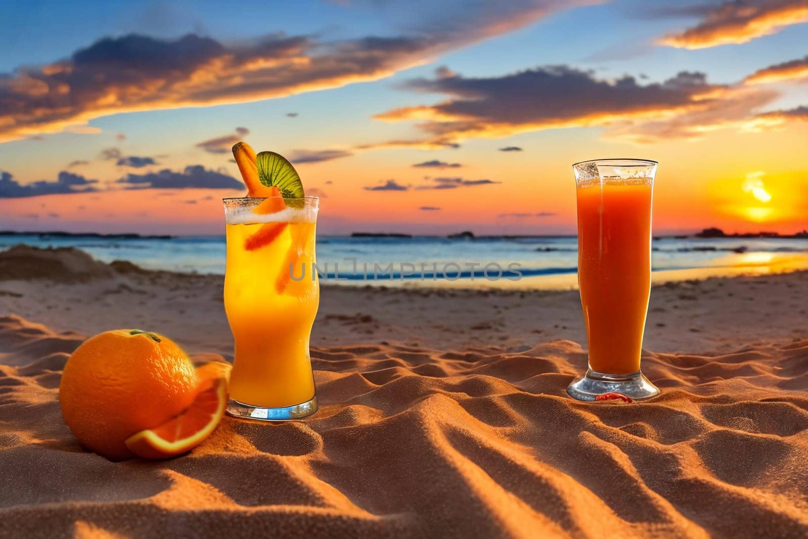 A refreshing glass of vibrant orange juice beside a ripe orange fruit on a sandy beach