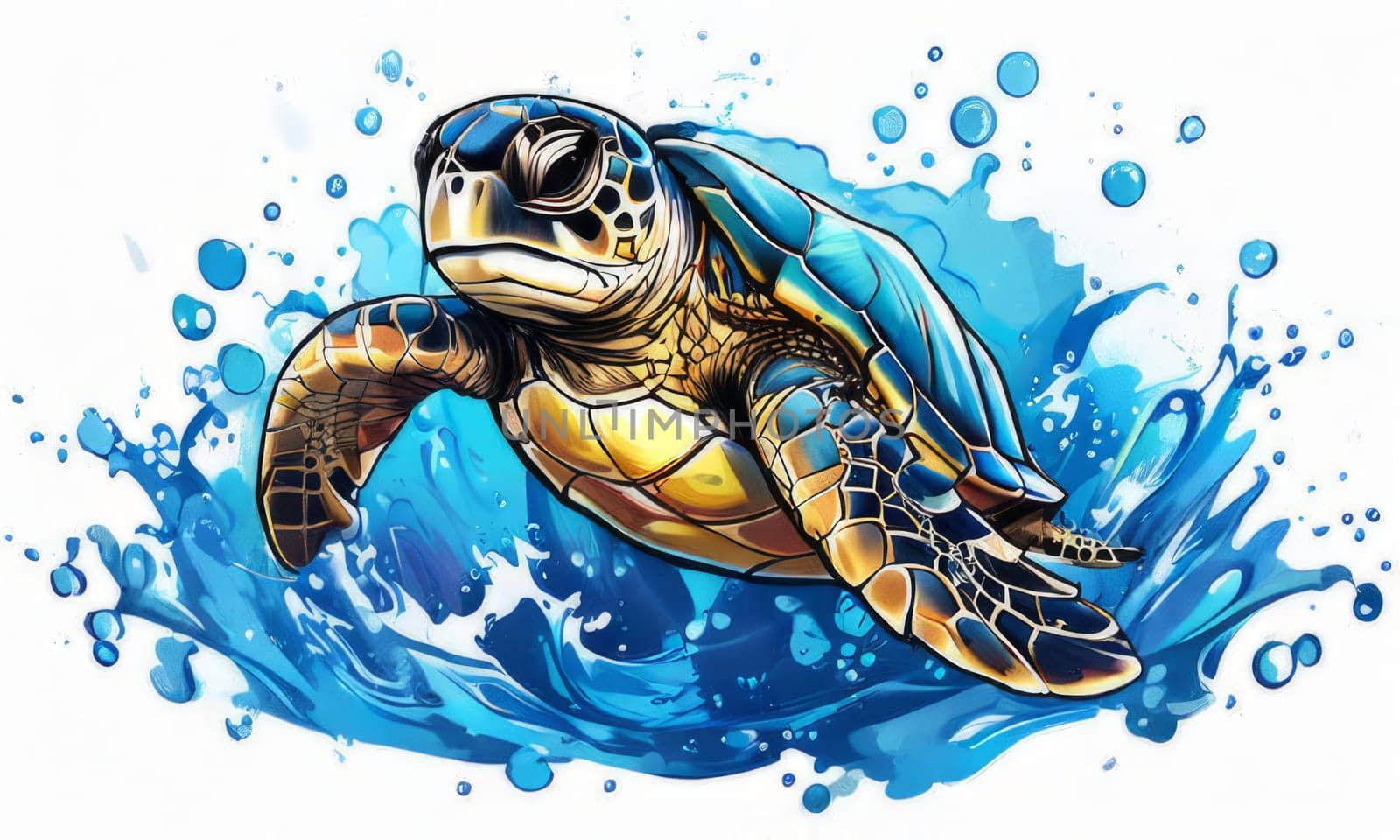 Majestic turtle is seen gliding effortlessly through water, its movements slow, graceful. For Tshirt design, posters, postcards, other merchandise with marine theme, childrens books