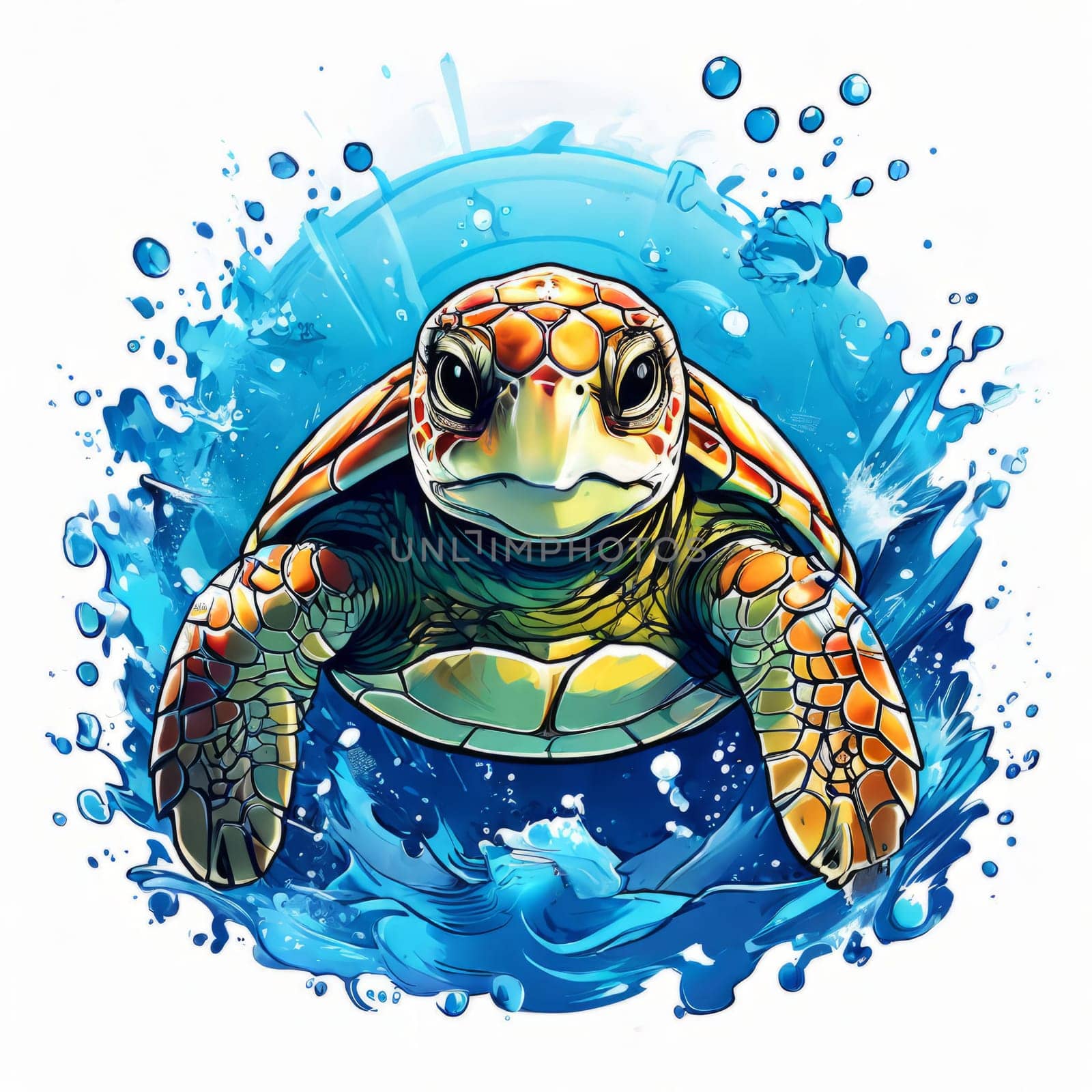 Turtle glides through its aquatic environment, showcasing beauty, tranquility of underwater world. For Tshirt design, posters, postcards, other merchandise with marine theme, childrens books, tourism