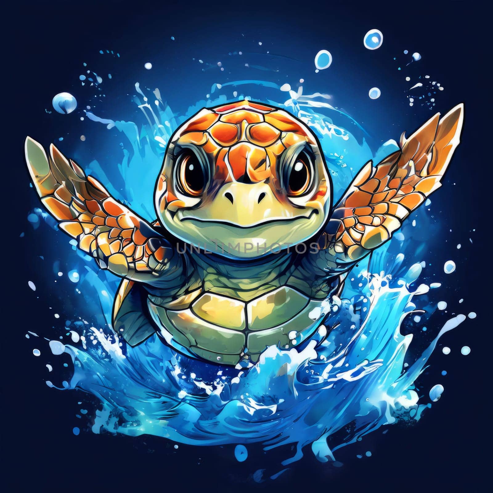 Majestic sea turtle gracefully gliding through crystal-clear waters of ocean. For educational materials for kids, game design, animated movies, tourism, stationery, Tshirt design, clothing design