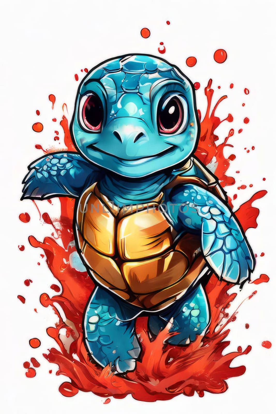 Turtle gracefully swimming in water surrounded by bubbles, showcasing its serene underwater world. For Tshirt design, posters, postcards, other merchandise with marine theme, childrens books