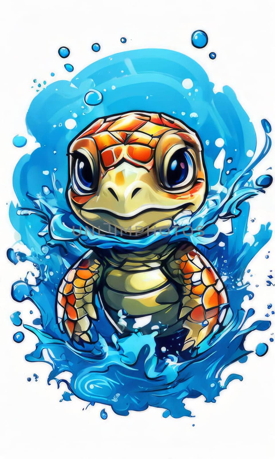 Serene turtle gracefully swimming through water amidst trail of bubbles. For fashion, clothing design, animal themed clothing advertising, as illustration for interesting clothing style, Tshirt design