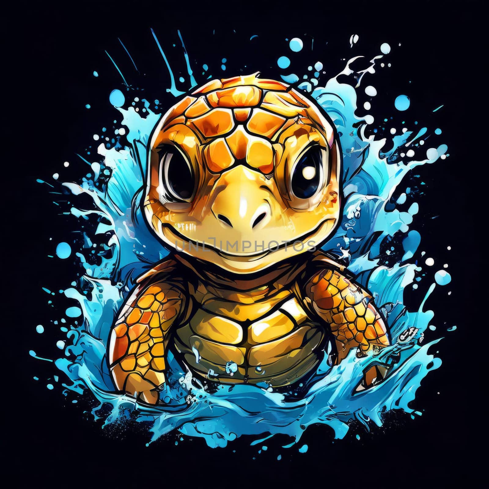 Serene turtle gracefully swimming through water amidst trail of bubbles. For fashion, clothing design, animal themed clothing advertising, as illustration for interesting clothing style, Tshirt design